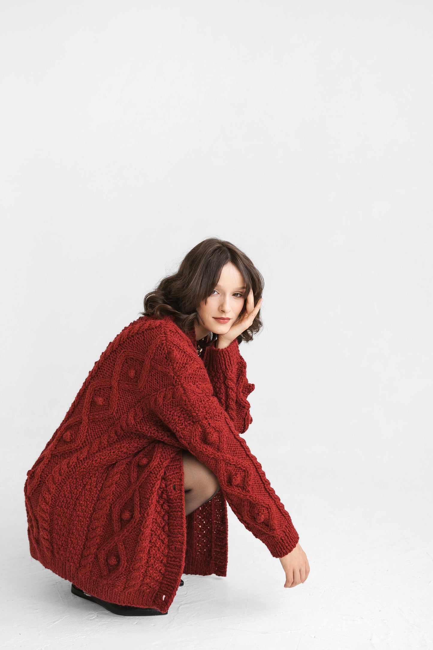 Dark Red Oversized Alpaca Cardigan With Buttons, Burgundy Wine Color Chunky Cable Knit Cardigan, Bordeaux Woolen Knitted Women&#39;s Sweater
