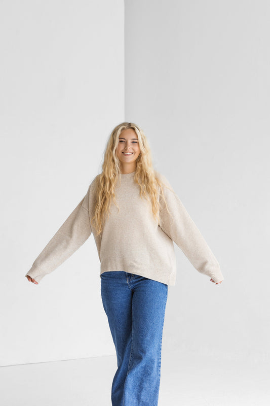 Beige knitted merino wool sweater for women, taupe women&#39;s knit minimalist pullover with longer back, camel minimal jumper, pastel fall pull