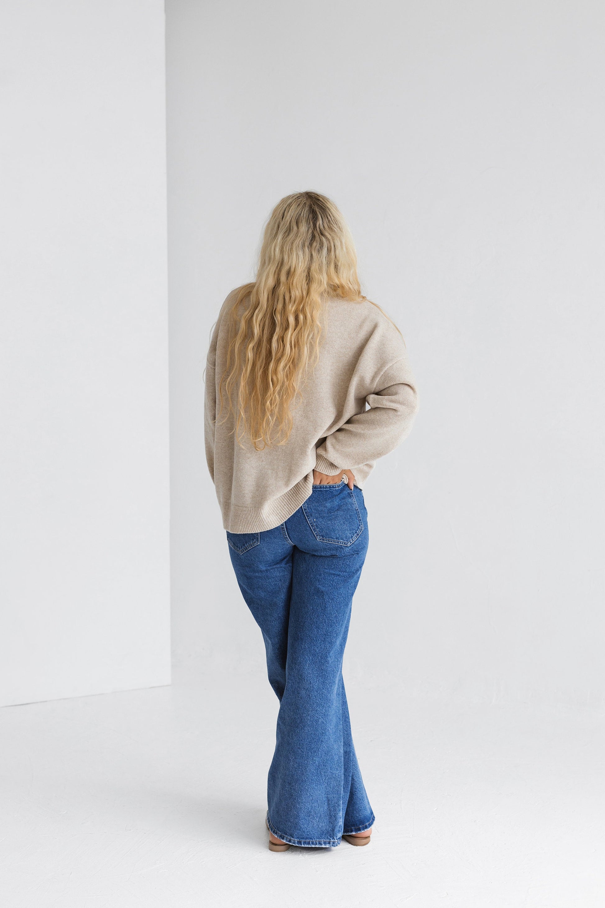 Beige knitted merino wool sweater for women, taupe women&#39;s knit minimalist pullover with longer back, camel minimal jumper, pastel fall pull