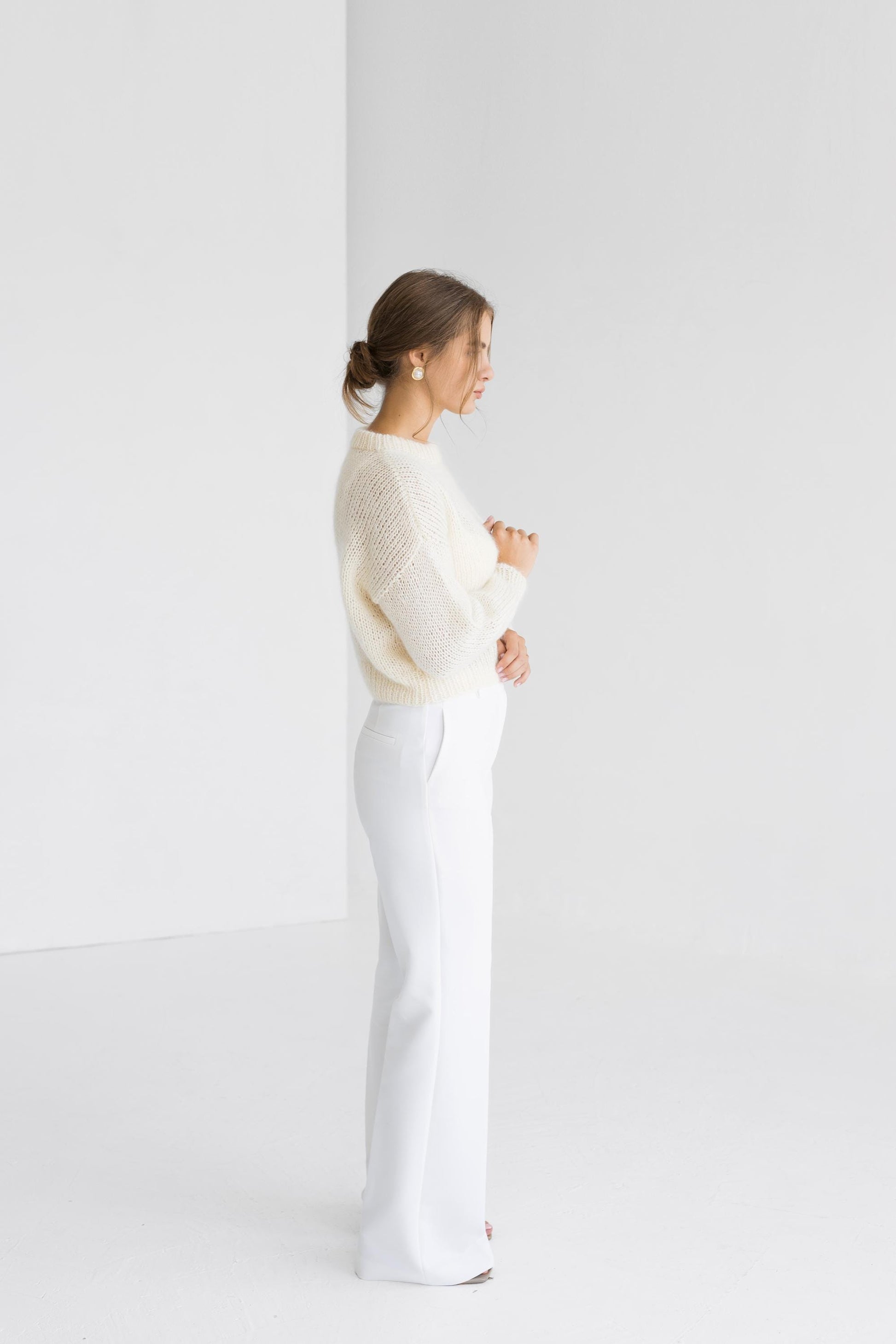 White mohair high waste knitted sweater, ivory cropped fuzzy alpaca wool blend jumper, milky fluffy crop cable knit chunky pullover, short