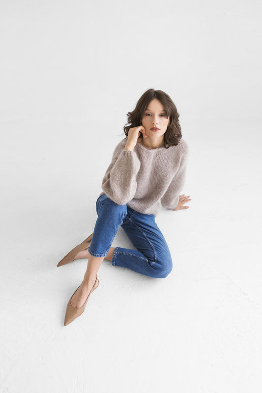 Beige cable knit mohair thick fluffy sweater, camel chunky knitted alpaca wool blend jumper, taupe fuzzy pullover, creamy slightly oversized