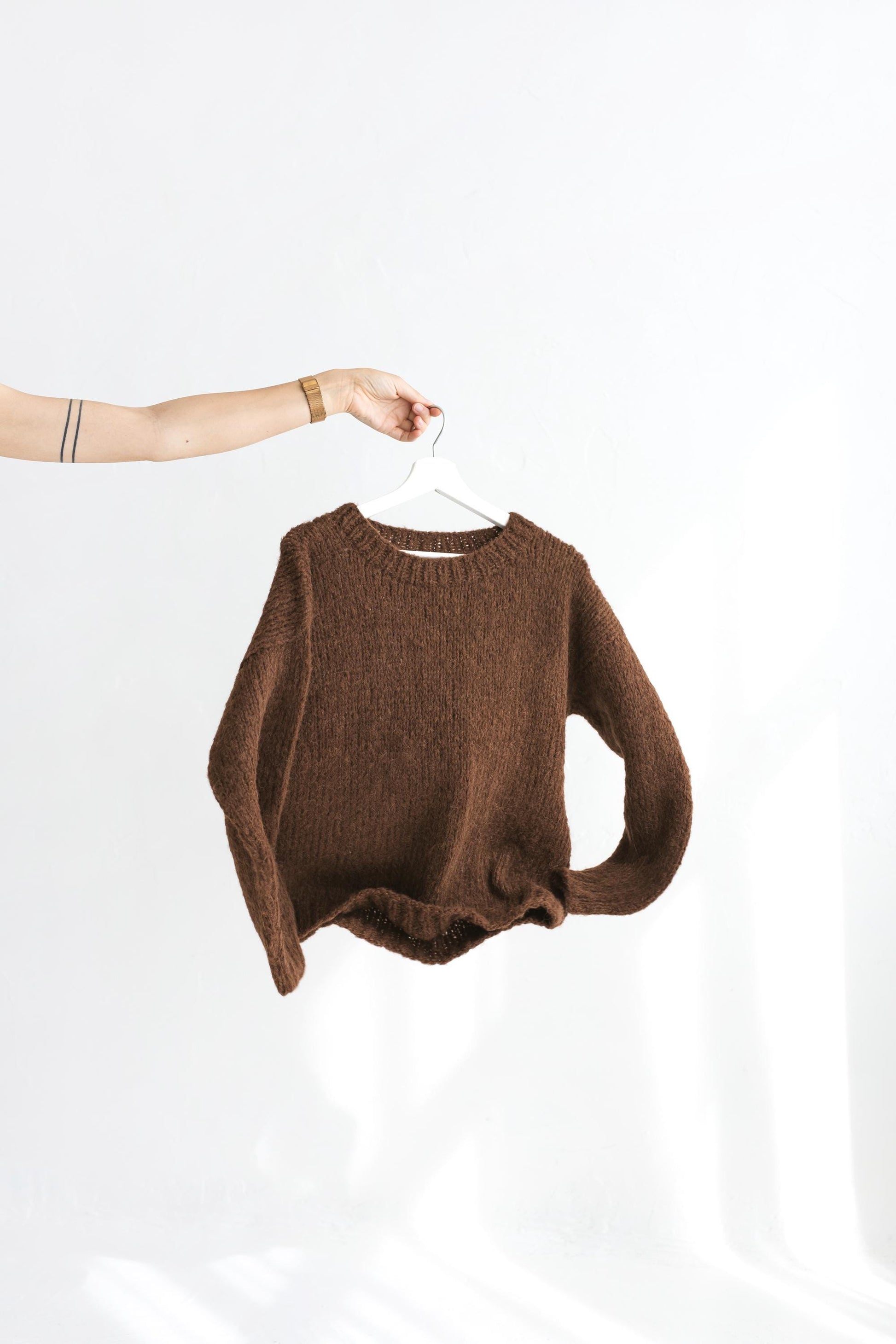 Brown cable knit alpaca wool and silk blend sweater, chunky knitted regular fit jumper for women, hand-made pullover