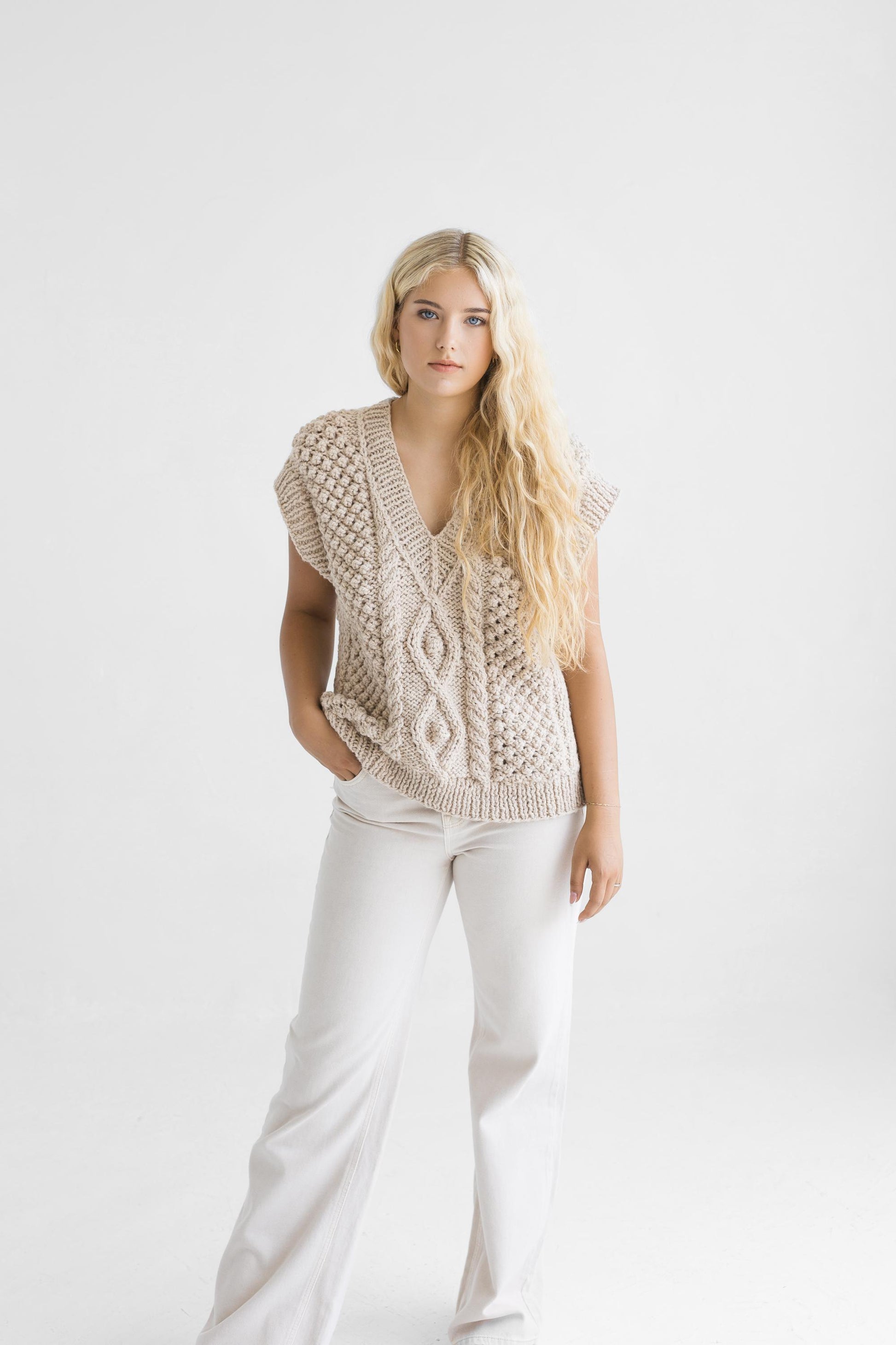 Chunky knit pastel beige alpaca wool sweater vest, cream taupe cable knitted v-neck gilet, thick handmade fair isle hand-made top with braid