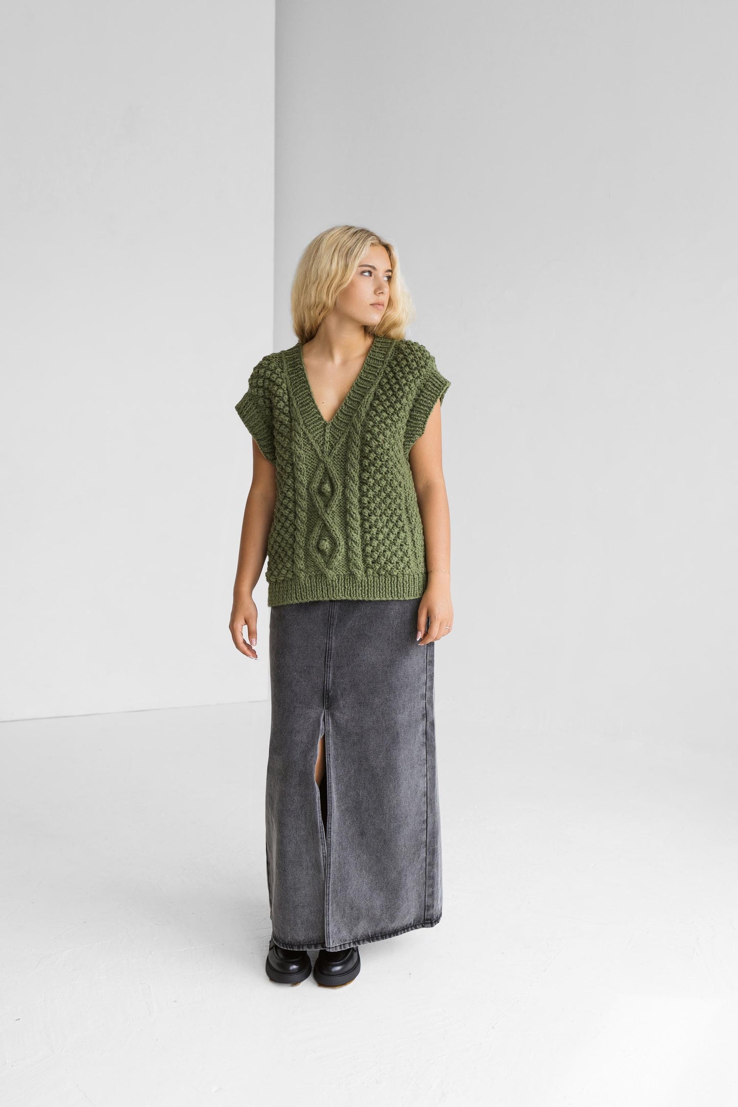 Chunky knit forest green alpaca wool sweater vest, cable knitted deep v-neck winter gilet, thick Fair Isle hand-made top pullover with braid