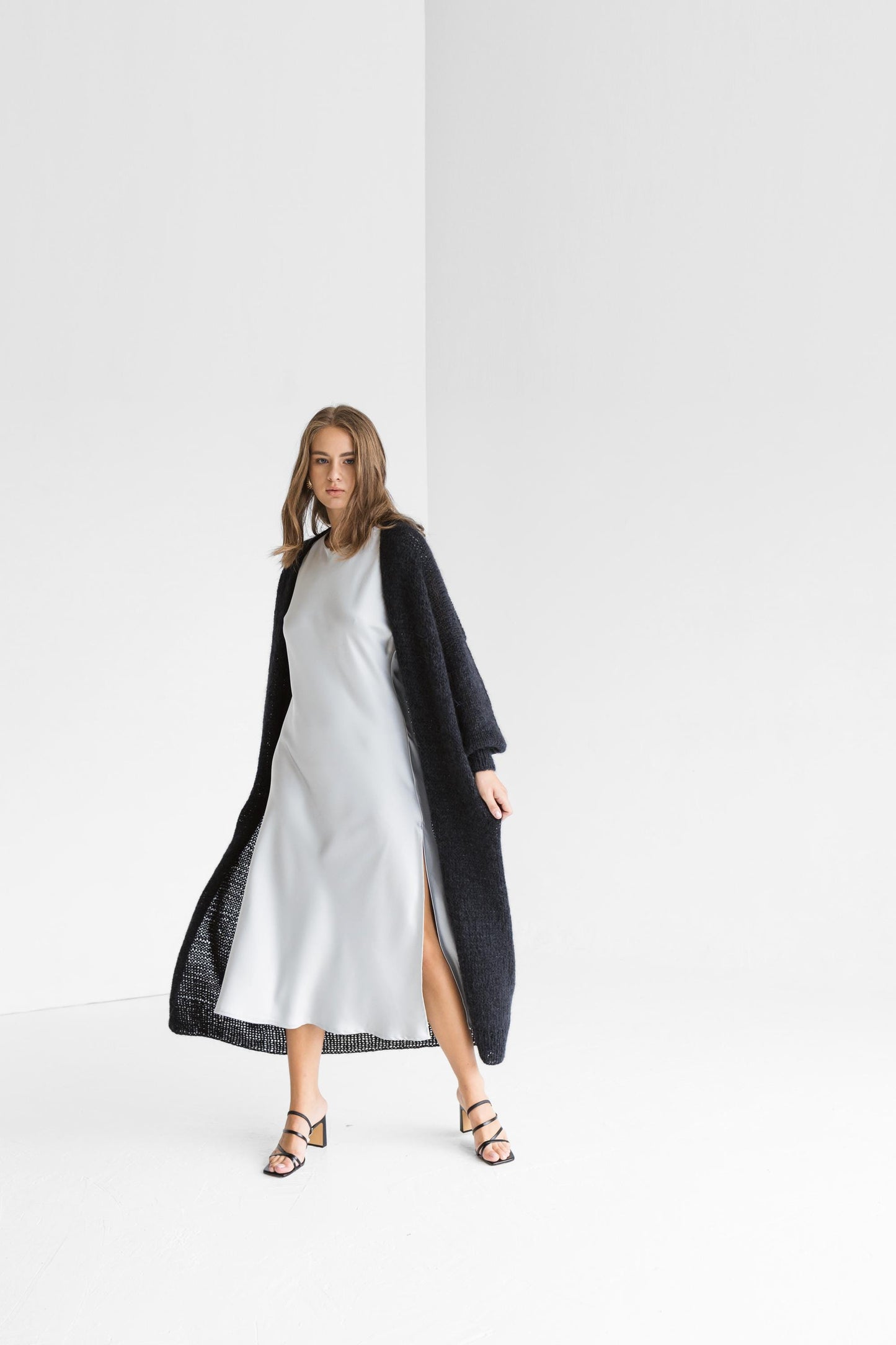 Long black cable knit thick fluffy mohair cardigan, slightly oversized cable knitted alpaca blend sweater, chunky knitted fuzzy coat xxl