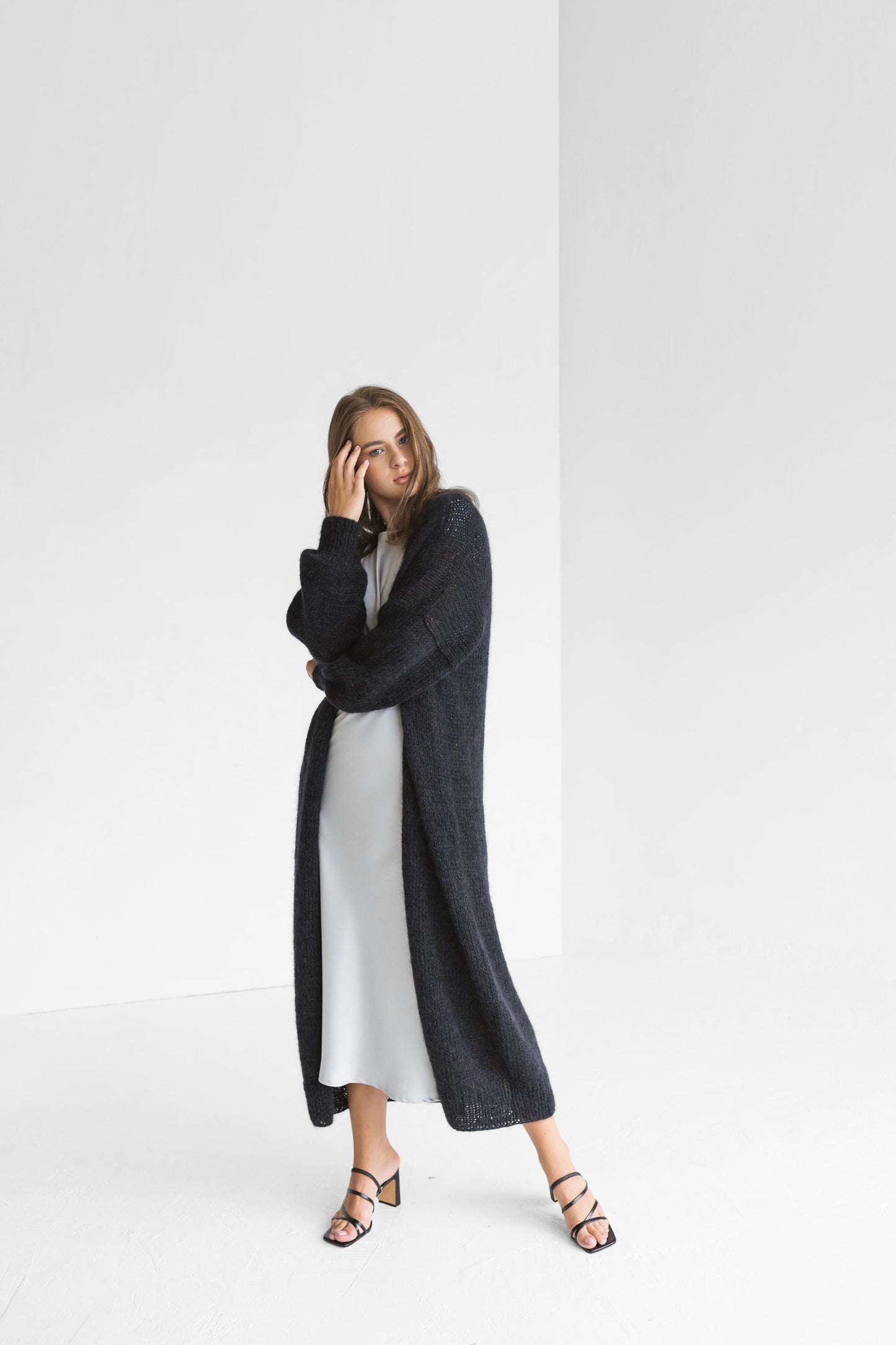 Long black cable knit thick fluffy mohair cardigan, slightly oversized cable knitted alpaca blend sweater, chunky knitted fuzzy coat xxl