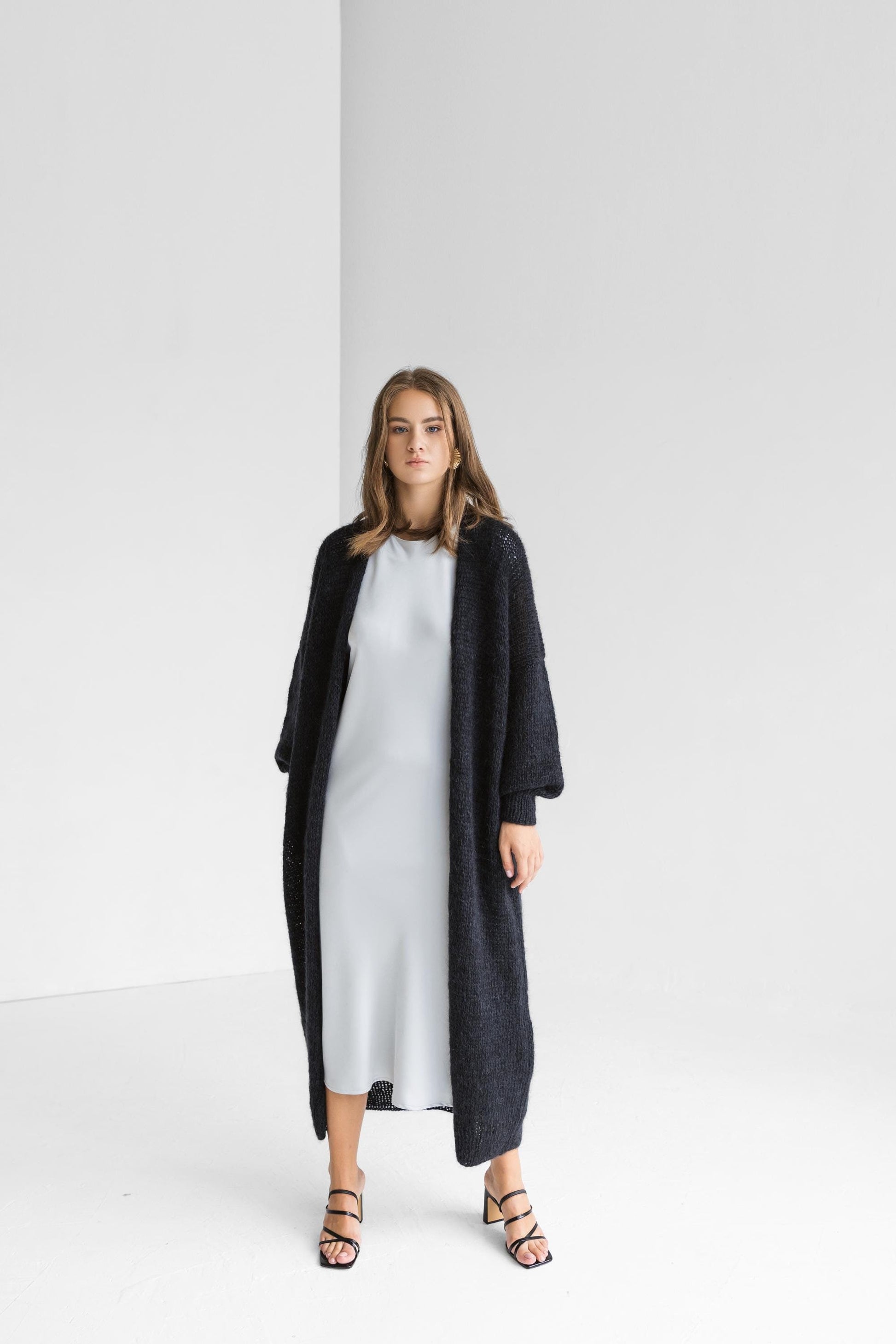 Long black cable knit thick fluffy mohair cardigan, slightly oversized cable knitted alpaca blend sweater, chunky knitted fuzzy coat xxl