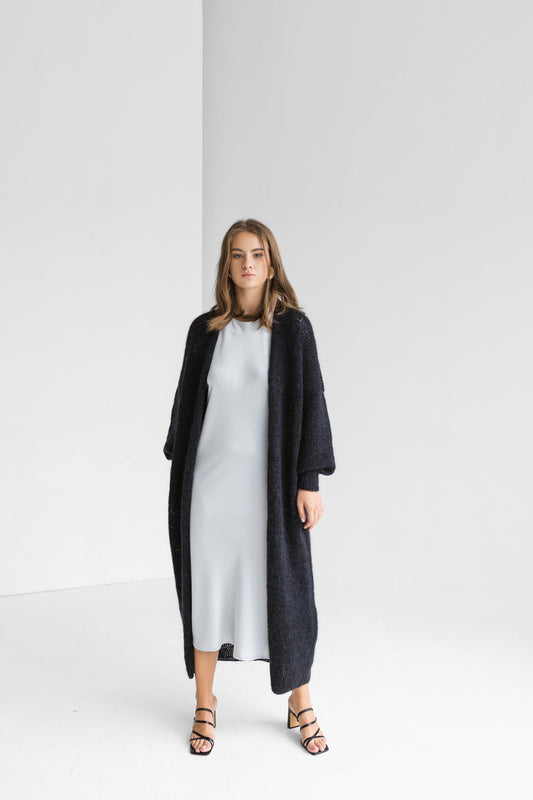 Long black cable knit thick fluffy mohair cardigan, slightly oversized cable knitted alpaca blend sweater, chunky knitted fuzzy coat xxl