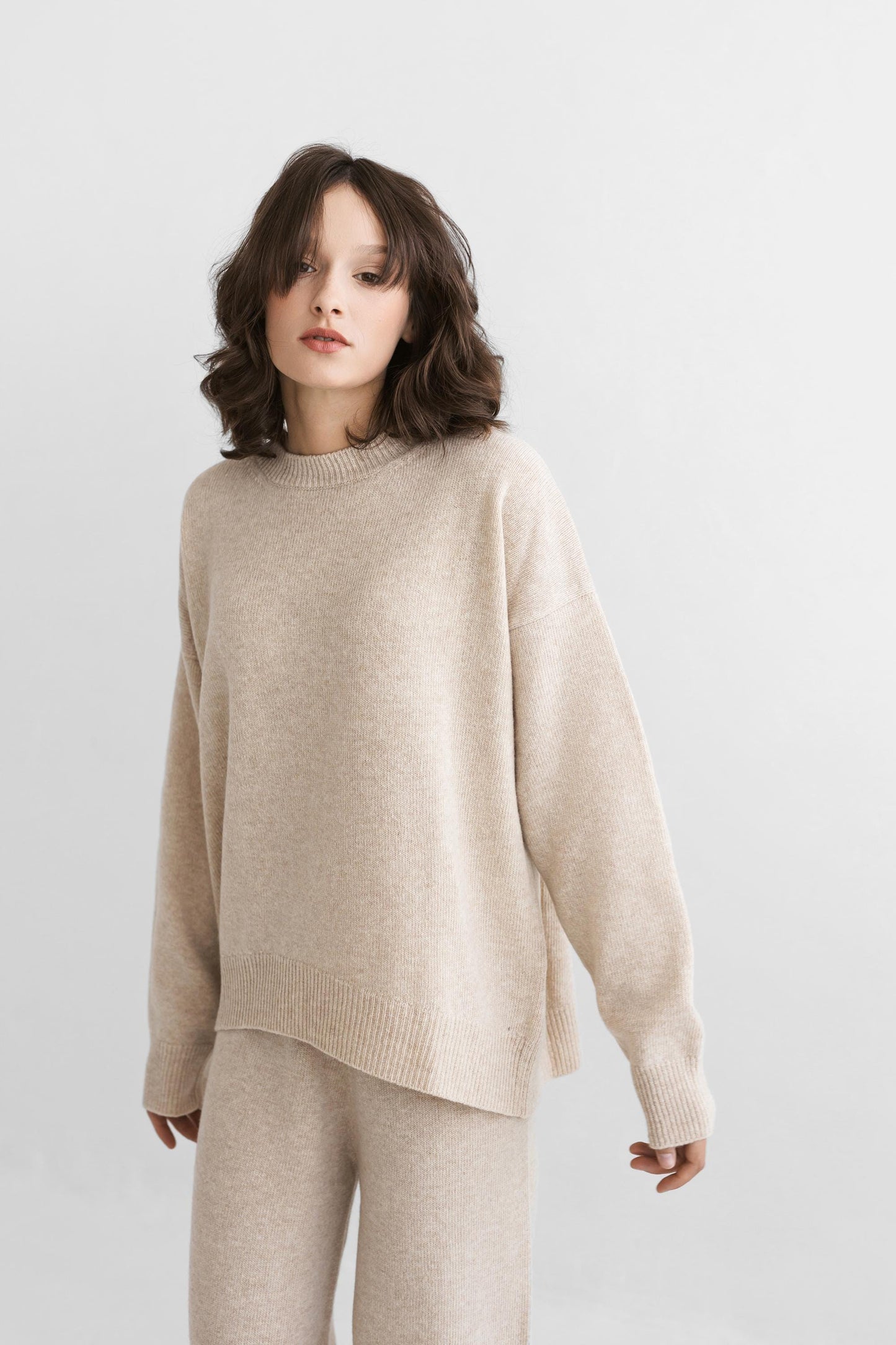 Beige loungewear knitted merino wool wide leg pants for women, camel lounge petite and tall knit high waisted women&#39;s trousers, relaxed fit
