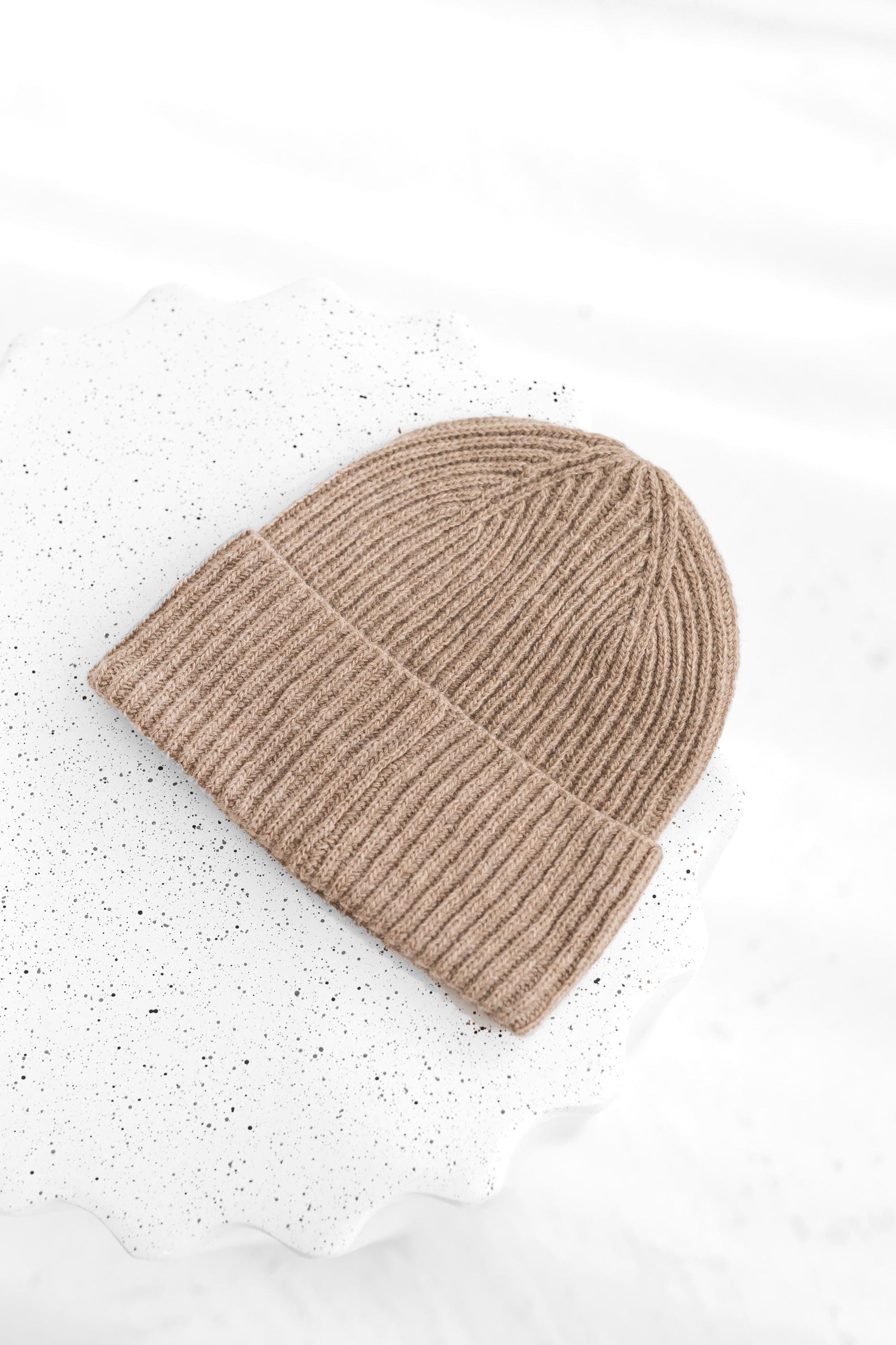 Beige knitted merino wool and cashmere hat for women, pastel sand ribbed knit minimalist beanie, camel classy fisherman hat, perfect gift