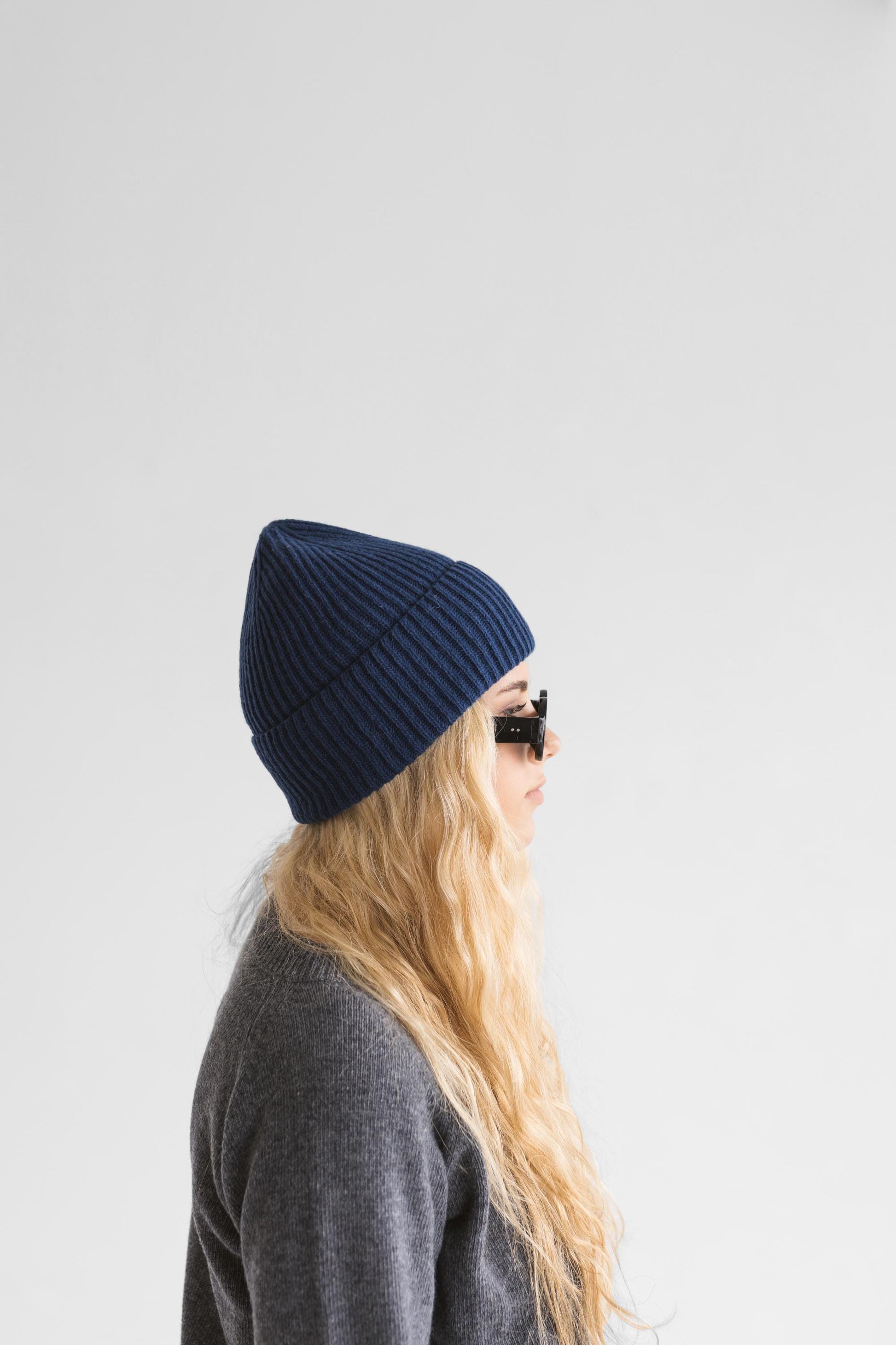 Navy blue knitted merino wool and cashmere hat for women, indigo women&#39;s knit minimalist beanie, classy minimal denim blue hat, perfect gift