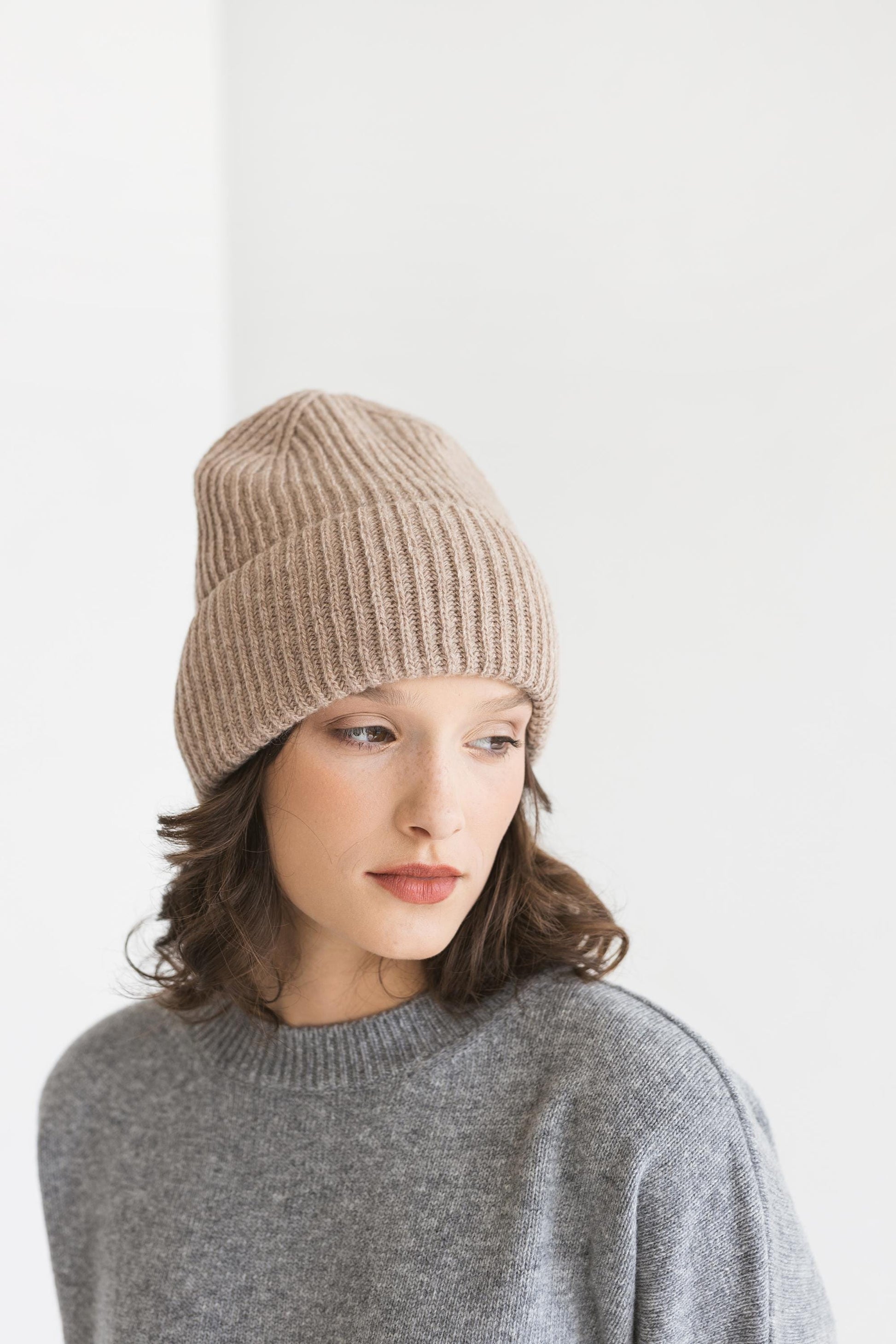 Beige knitted merino wool and cashmere hat for women, pastel sand ribbed knit minimalist beanie, camel classy denim blue hat, perfect gift