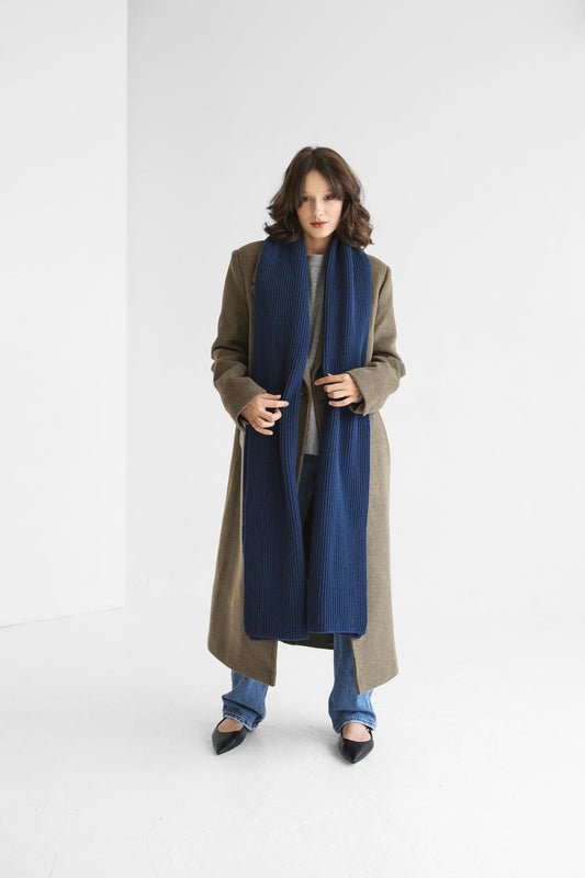 Navy blue knitted merino wool and cashmere women&#39;s scarf, dark blue ribbed knit minimalist fall winter wrap, classy unisex blanket scarf xxl