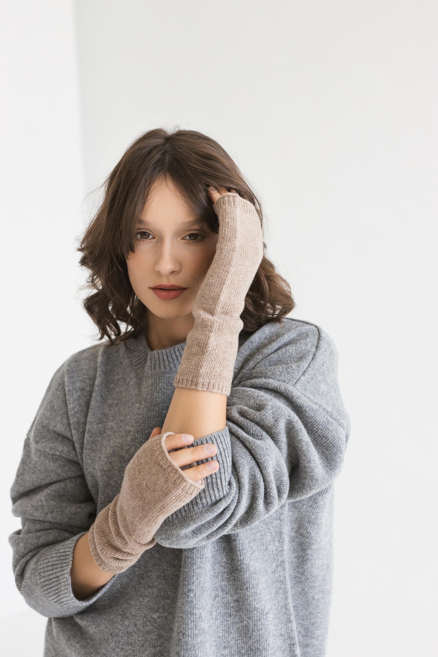 Beige merino wool and cashmere fingerless mittens, camel cable knit gloves, cream hand warmers,  fall winter wrist warmers, accessories gift
