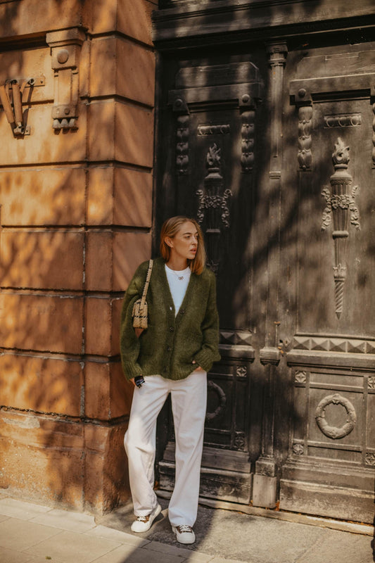 Green cable knit fluffy mohair wool buttoned cardigan with pockets,moss chunky knitted fuzzy slightly oversized thick fall sweater for women