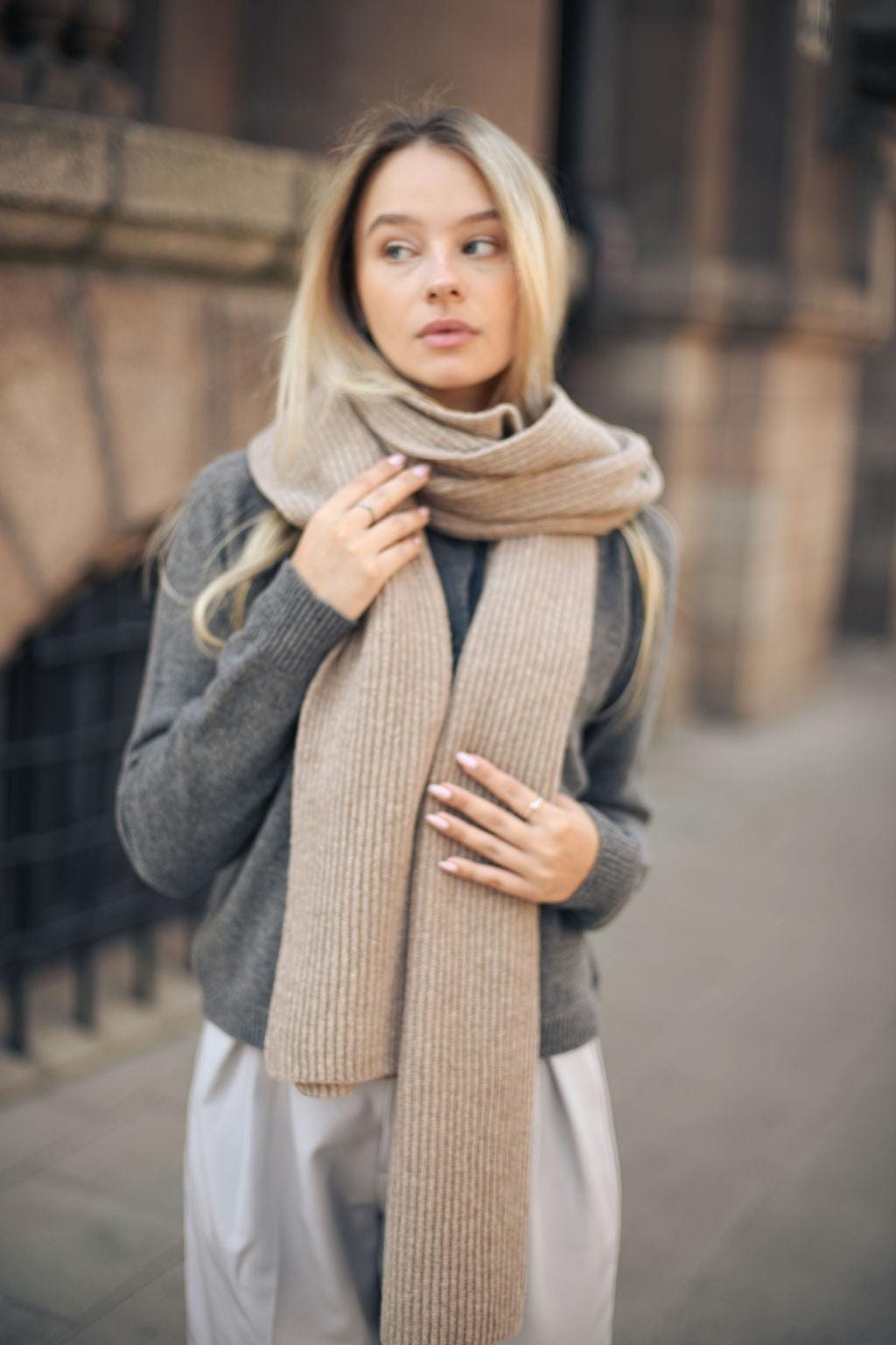 Beige knitted merino wool and cashmere women&#39;s scarf, camel rib knit minimalist fall winter wrap, taupe long unisex blanket shawl XXL, gift