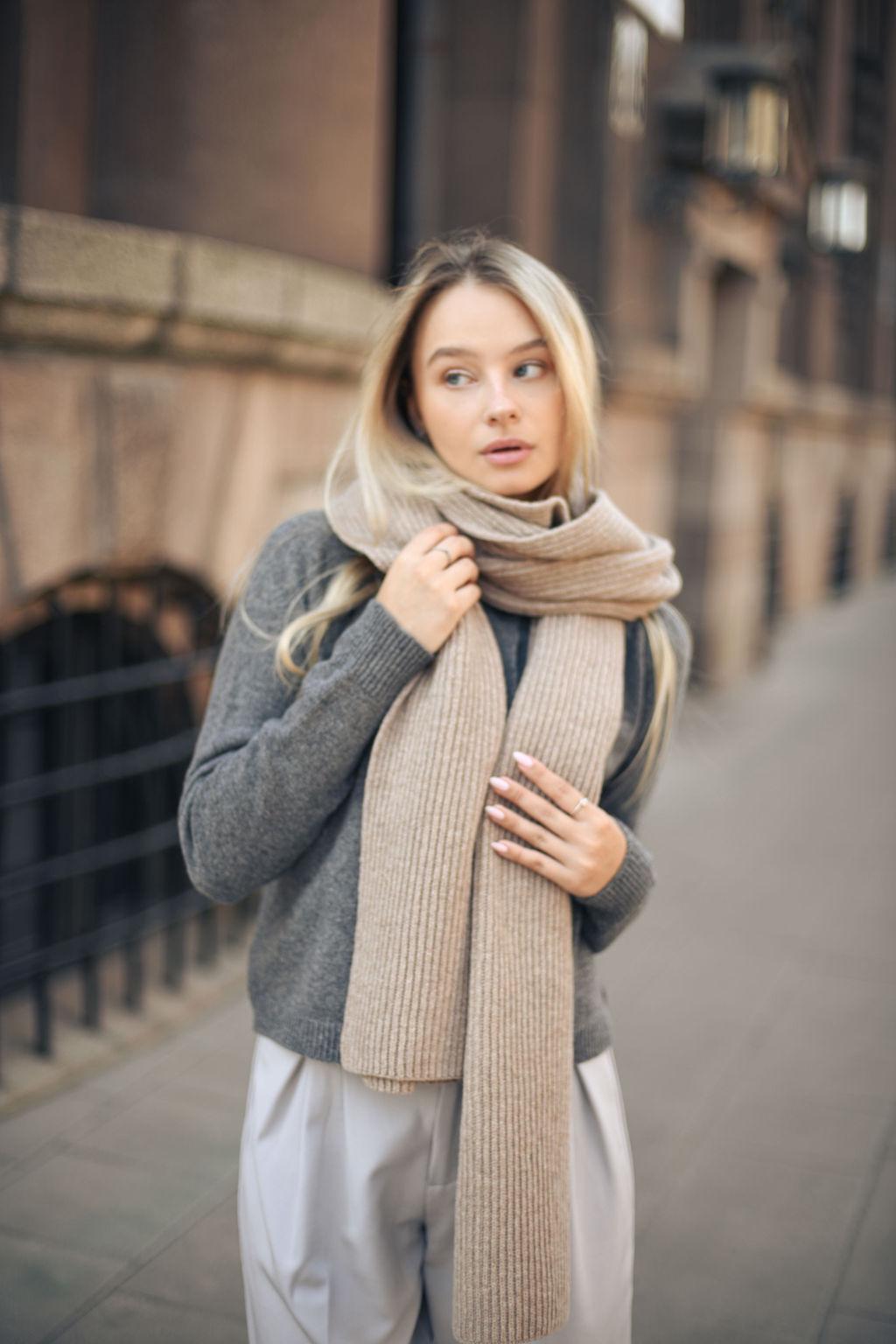 Beige knitted merino wool and cashmere women&#39;s scarf, camel rib knit minimalist fall winter wrap, taupe long unisex blanket shawl XXL, gift