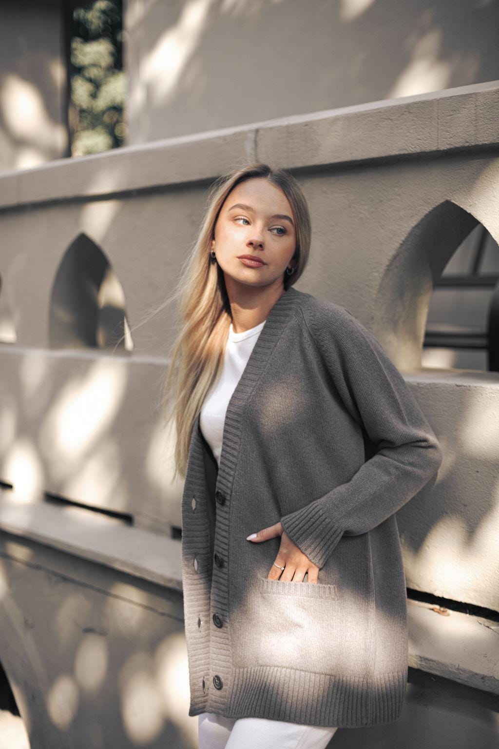 Gray knit cashmere blend buttoned cardigan with pockets, ash grey merino wool knitted oversized sweater with buttons,long xl gilet for women