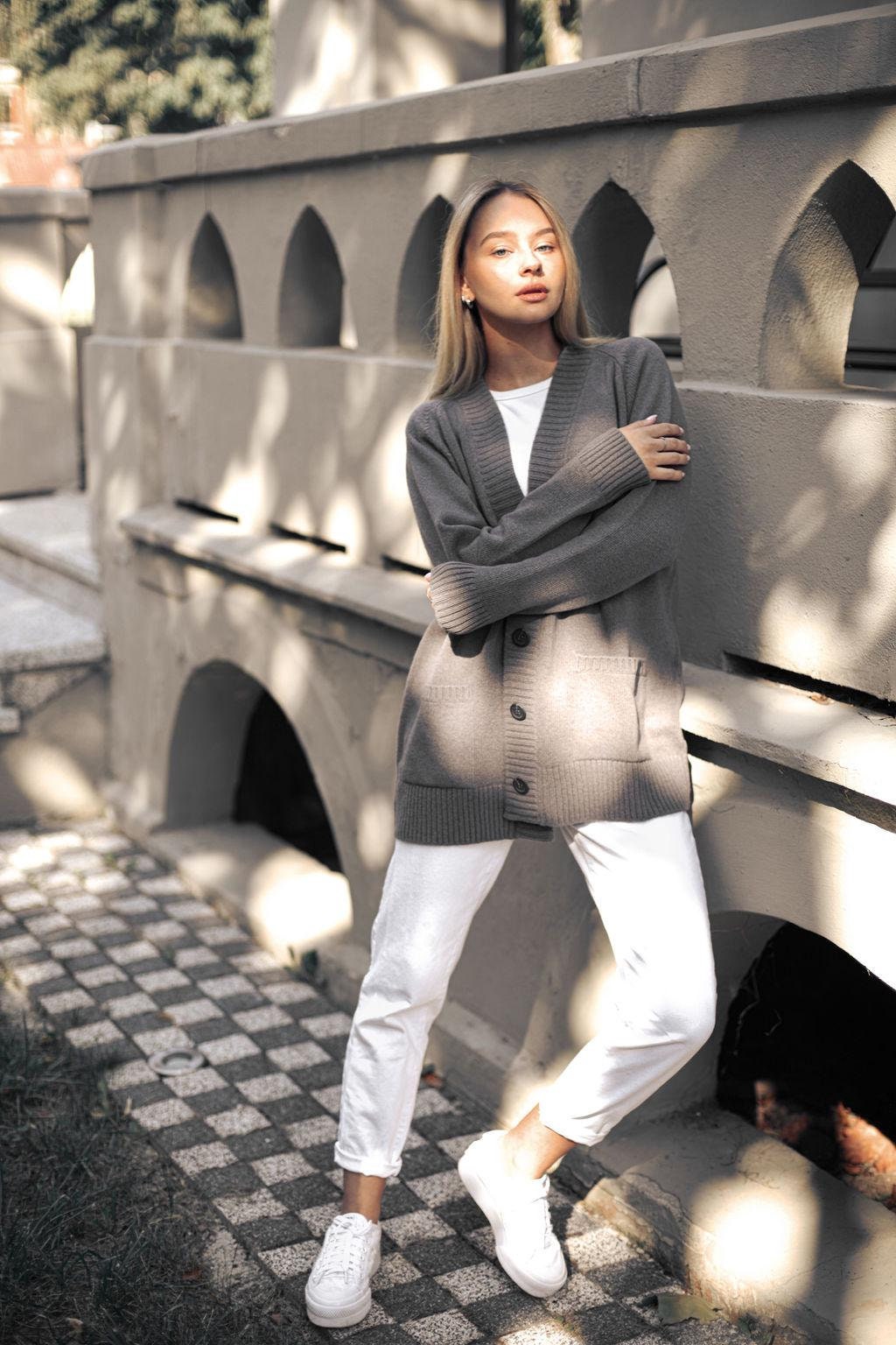 Gray knit cashmere blend buttoned cardigan with pockets, ash grey merino wool knitted oversized sweater with buttons,long xl gilet for women