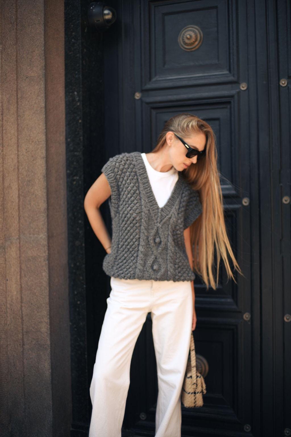 Chunky knit gray alpaca wool sweater vest, grey cable knitted v-neck winter gilet,thick handmade Fair Isle hand-made top pullover with braid