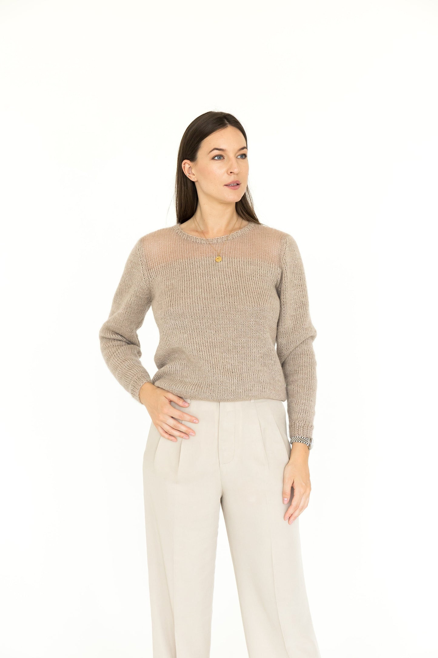 Camel fitted cable knit mohair blend jumper, beige alpaca wool short hand knitted sweater, sand high-waisted handmade fall pullover