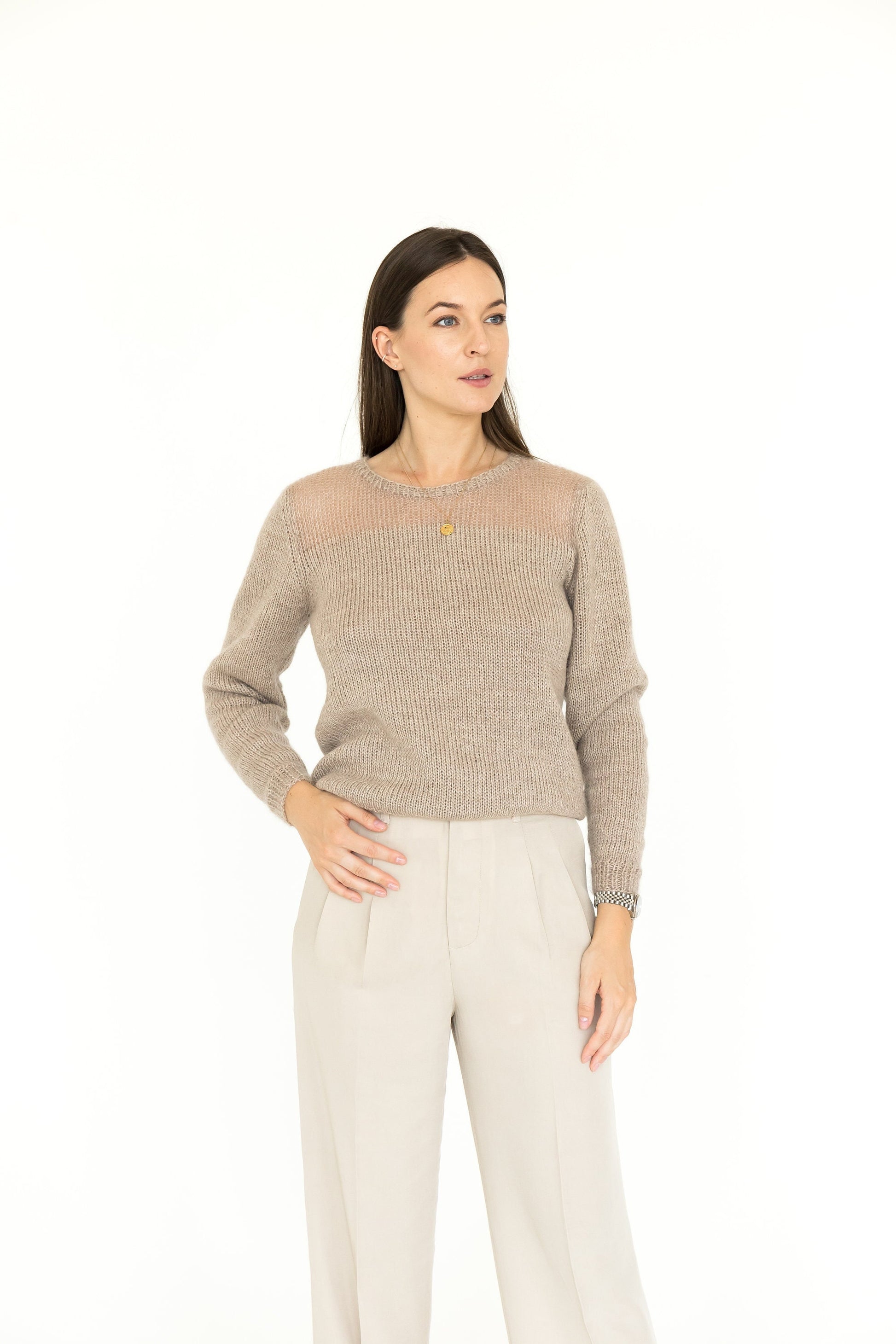 Camel fitted cable knit mohair blend jumper, beige alpaca wool short hand knitted sweater, sand high-waisted handmade fall pullover