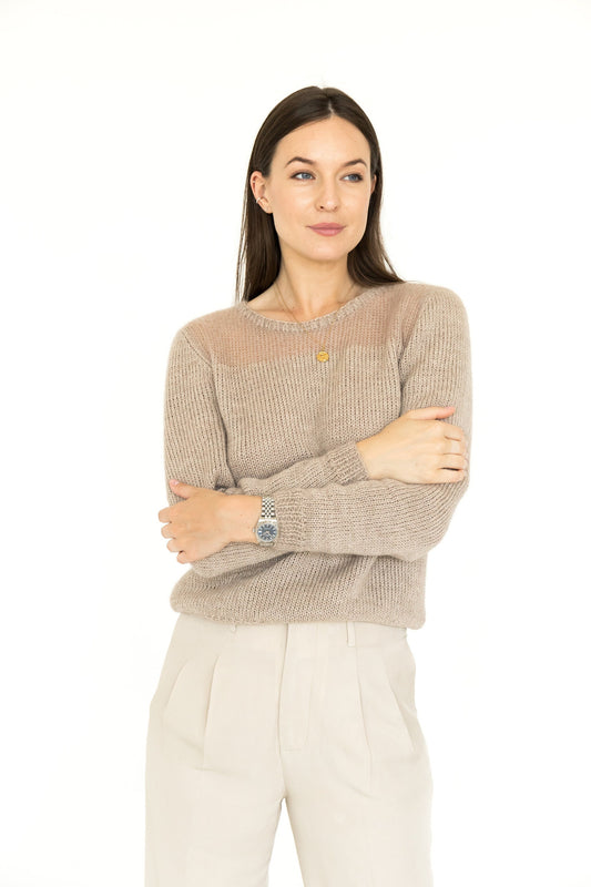 Camel fitted cable knit mohair blend jumper, beige alpaca wool short hand knitted sweater, sand high-waisted handmade fall pullover