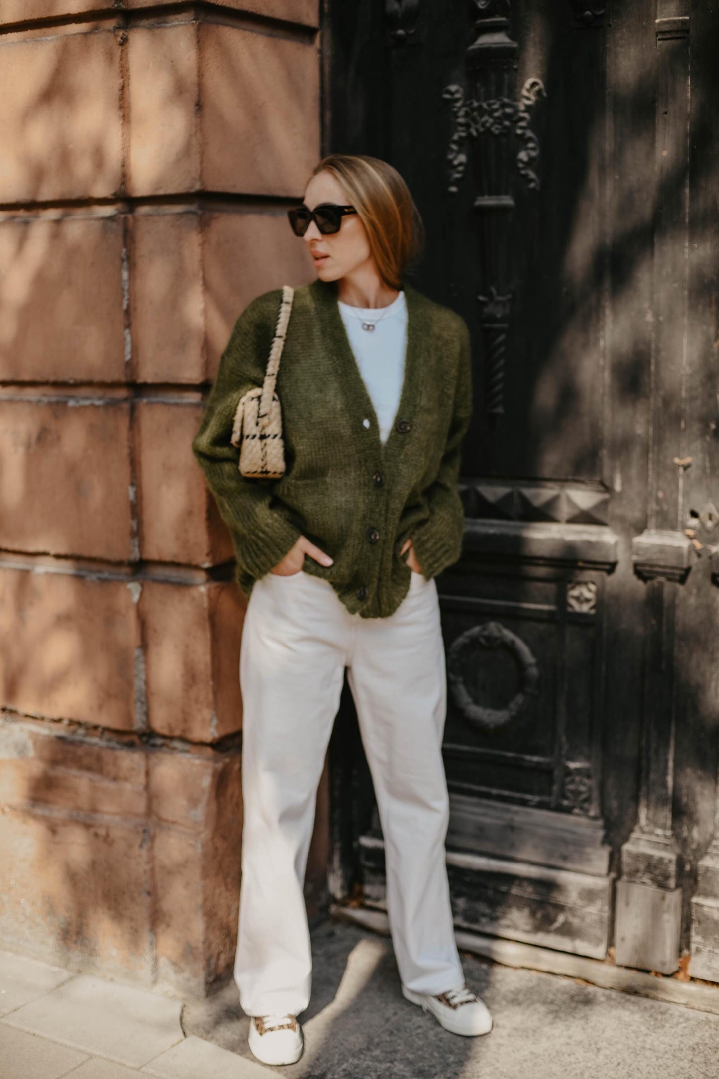 Green cable knit fluffy mohair wool buttoned cardigan with pockets,moss chunky knitted fuzzy slightly oversized thick fall sweater for women