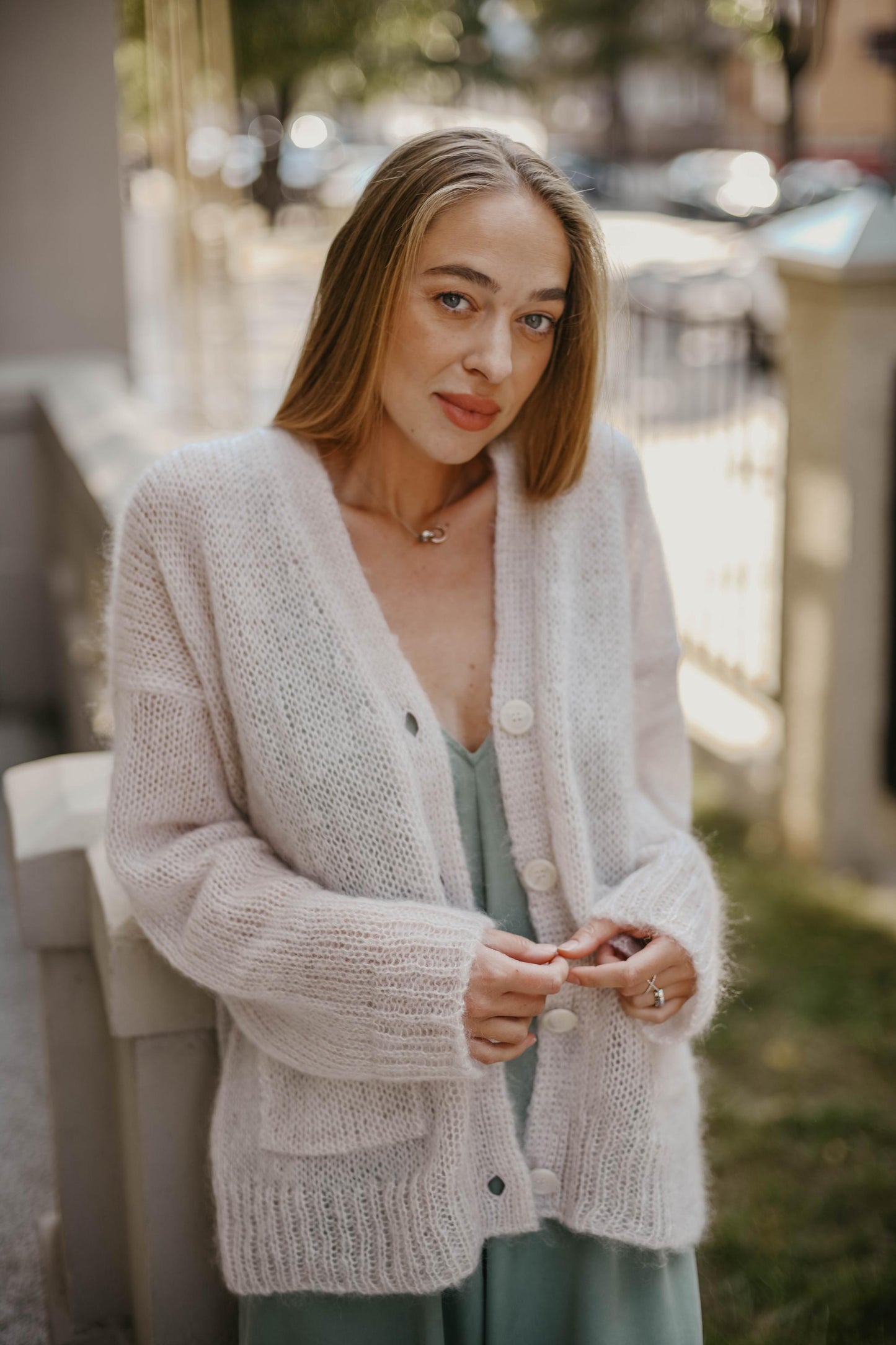 Powder pink cable knit fluffy mohair wool buttoned cardigan with pockets, pastel chunky knitted fuzzy slightly oversized thick fall sweater