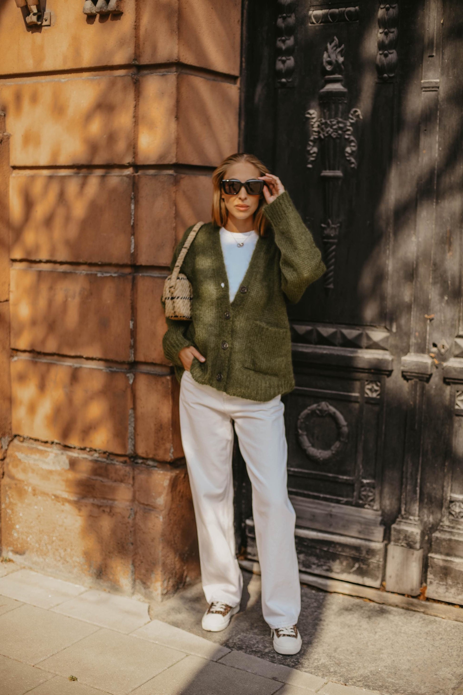 Green cable knit fluffy mohair wool buttoned cardigan with pockets,moss chunky knitted fuzzy slightly oversized thick fall sweater for women