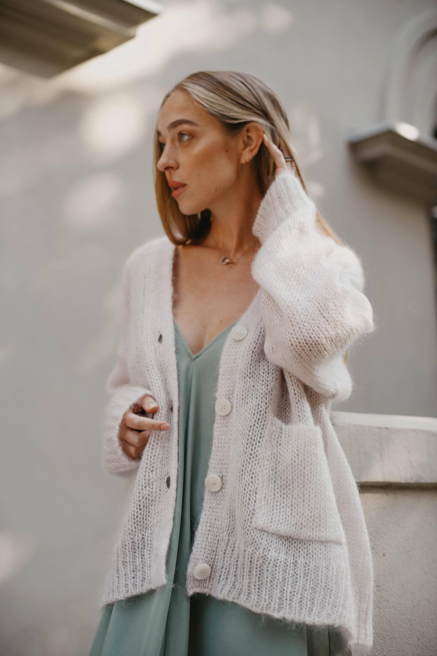 Powder pink cable knit fluffy mohair wool buttoned cardigan with pockets, pastel chunky knitted fuzzy slightly oversized thick fall sweater