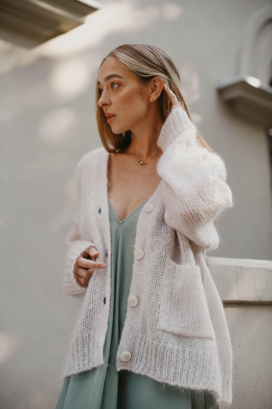 Powder pink cable knit fluffy mohair wool buttoned cardigan with pockets, pastel chunky knitted fuzzy slightly oversized thick fall sweater