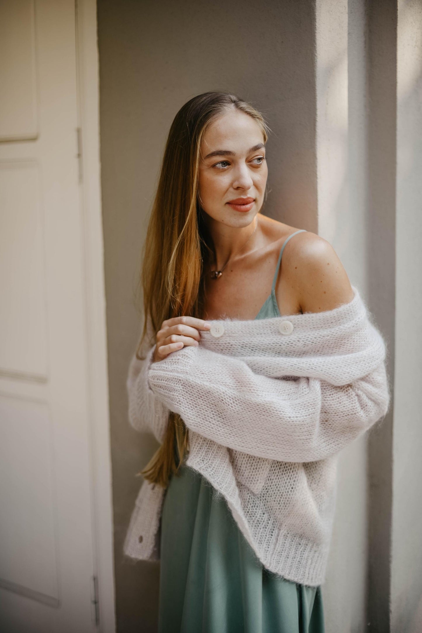 Powder pink cable knit fluffy mohair wool buttoned cardigan with pockets, pastel chunky knitted fuzzy slightly oversized thick fall sweater