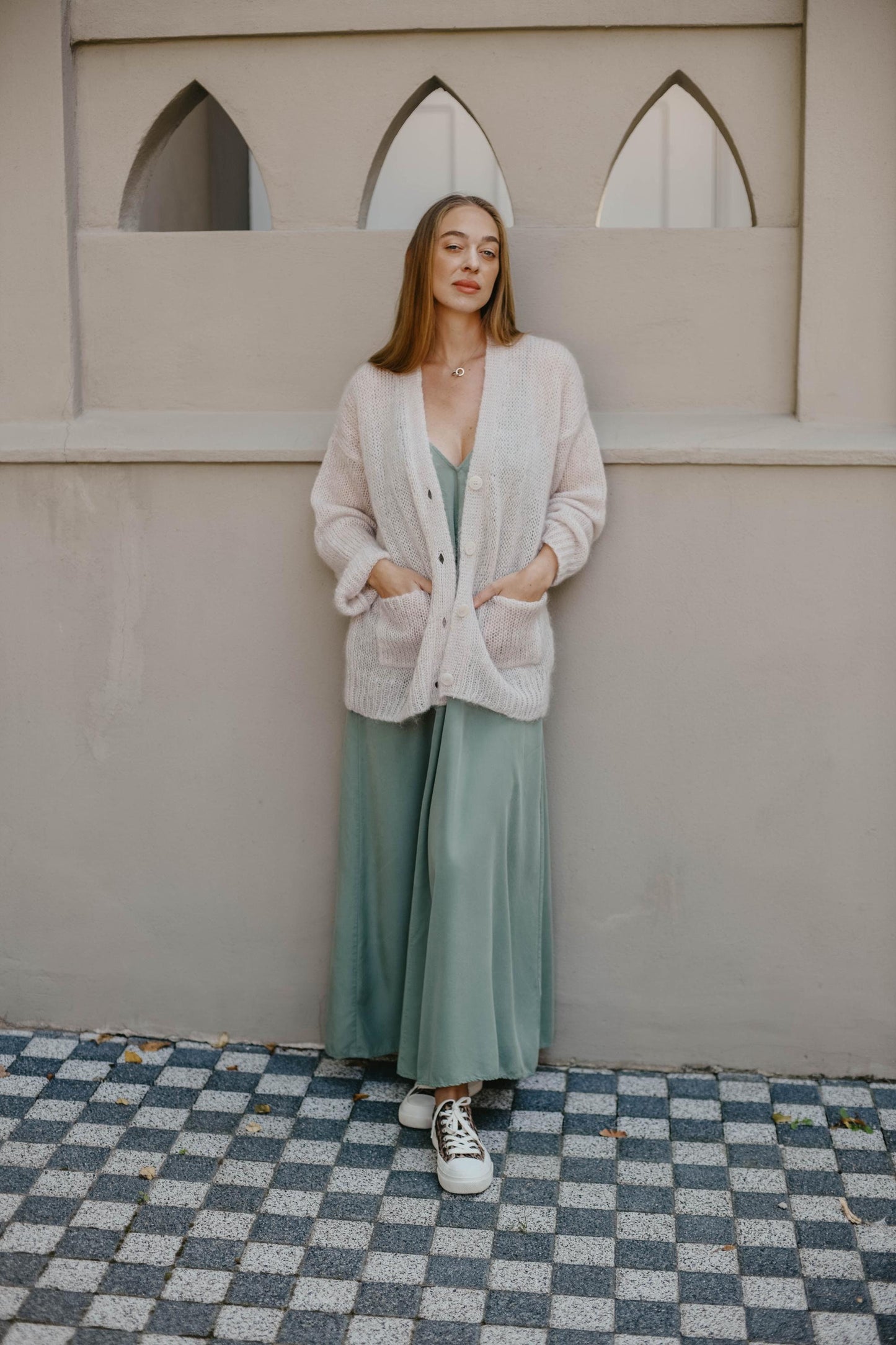 Powder pink cable knit fluffy mohair wool buttoned cardigan with pockets, pastel chunky knitted fuzzy slightly oversized thick fall sweater