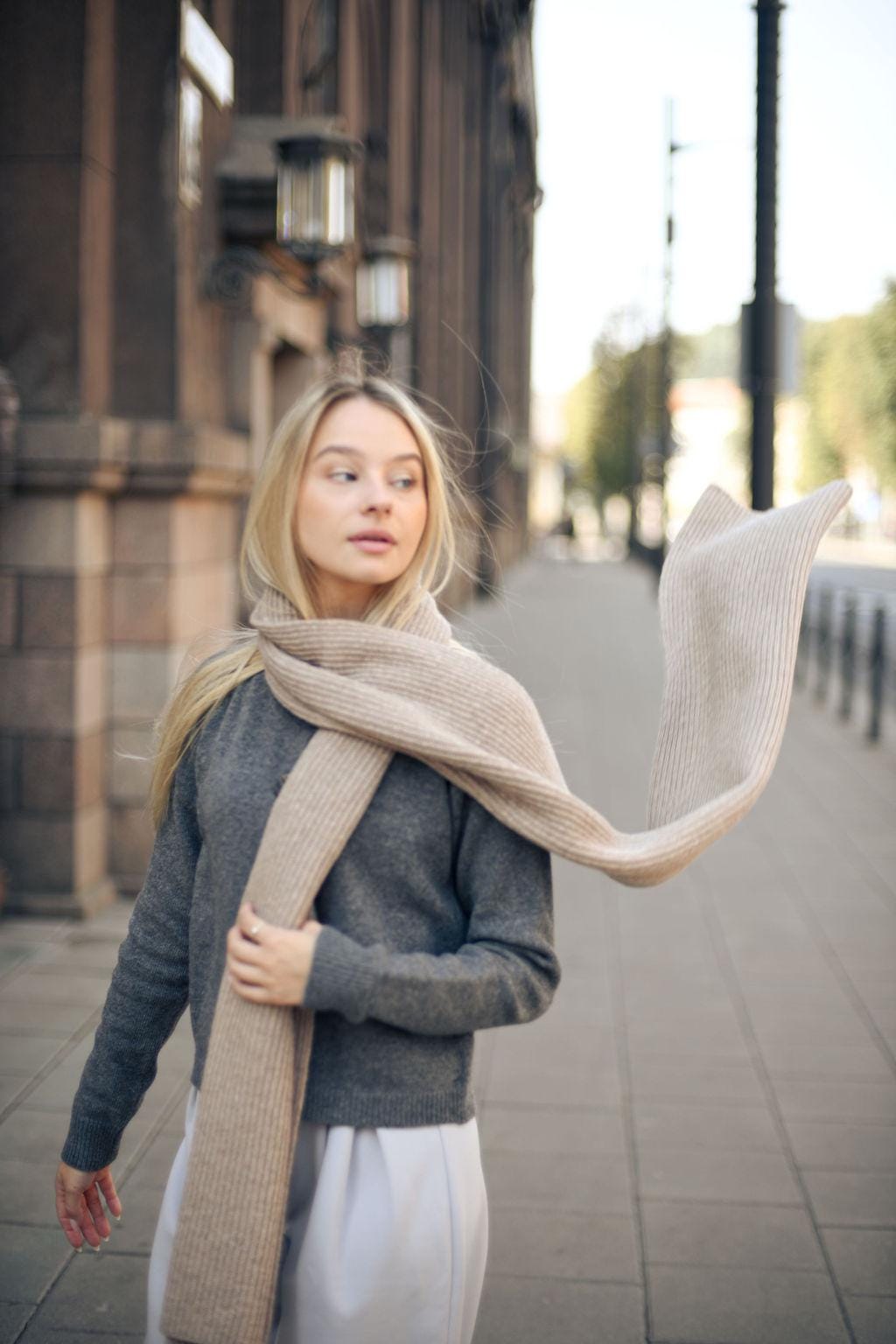 Beige knitted merino wool and cashmere women&#39;s scarf, camel rib knit minimalist fall winter wrap, taupe long unisex blanket shawl XXL, gift