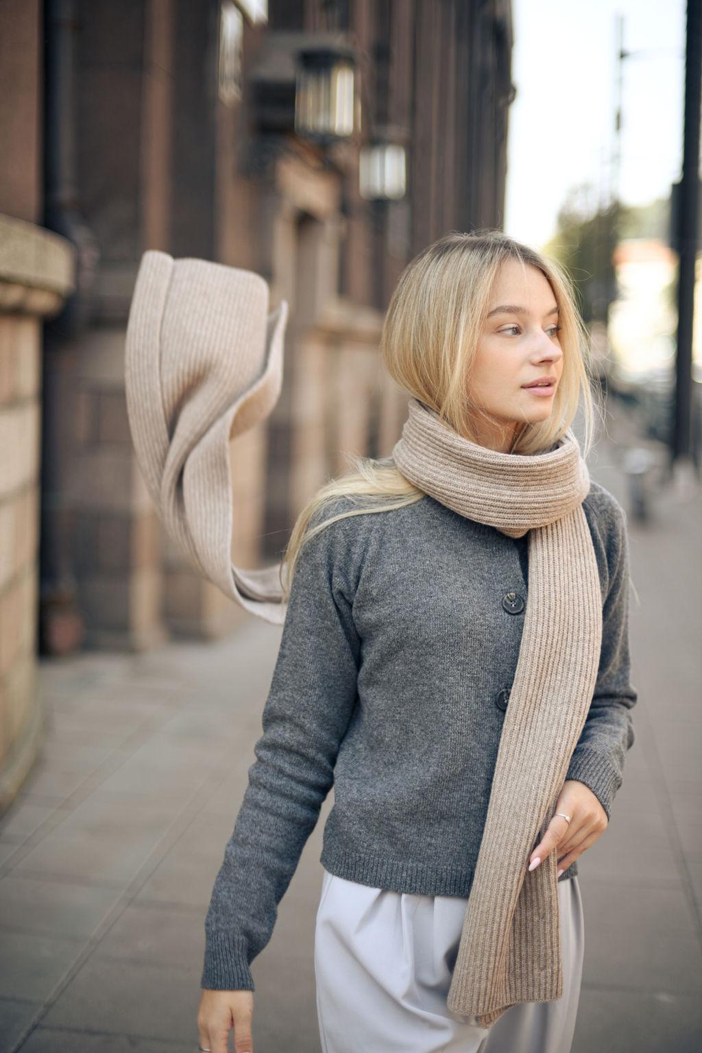 Beige knitted merino wool and cashmere women&#39;s scarf, camel rib knit minimalist fall winter wrap, taupe long unisex blanket shawl XXL, gift