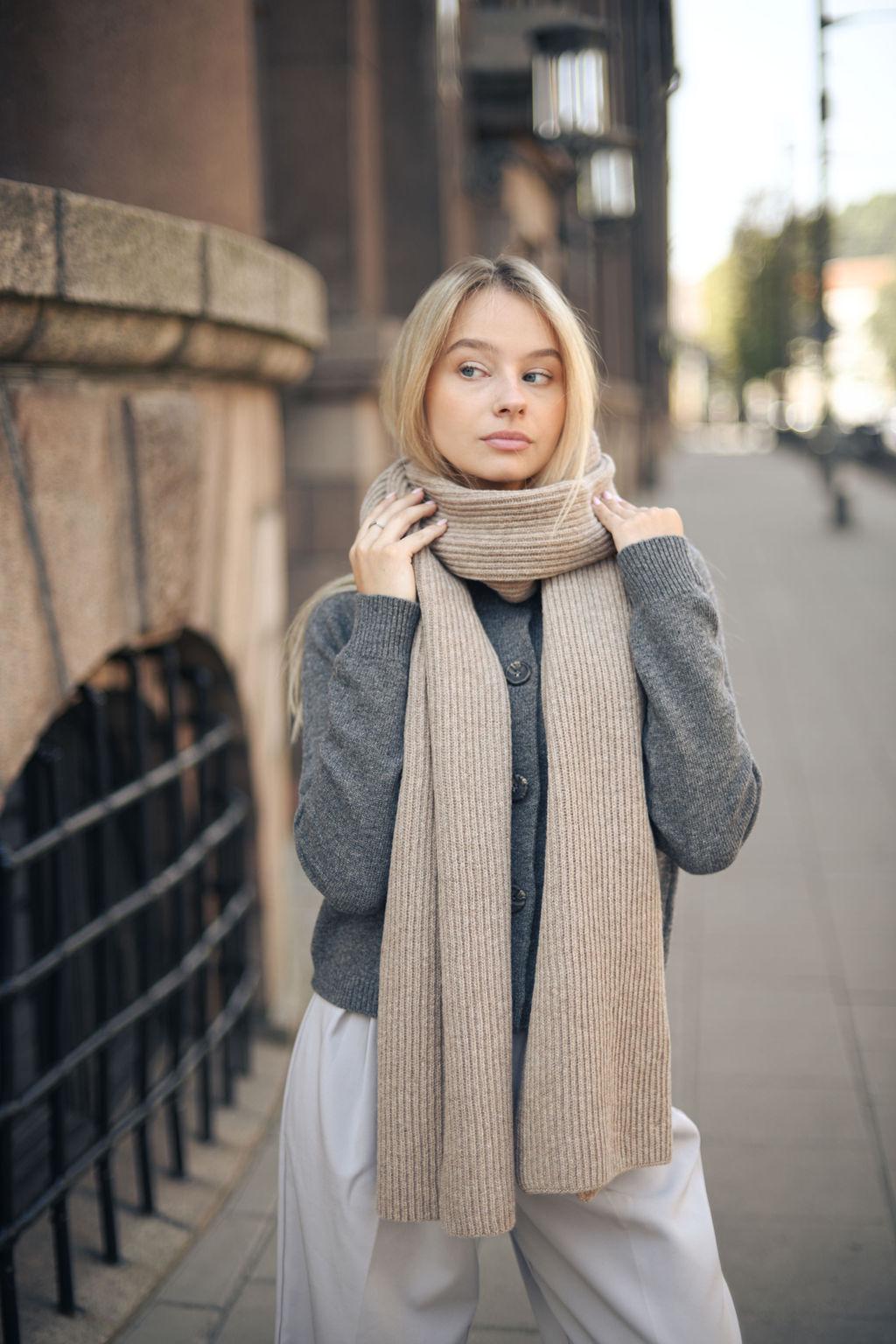 Beige knitted merino wool and cashmere women&#39;s scarf, camel rib knit minimalist fall winter wrap, taupe long unisex blanket shawl XXL, gift