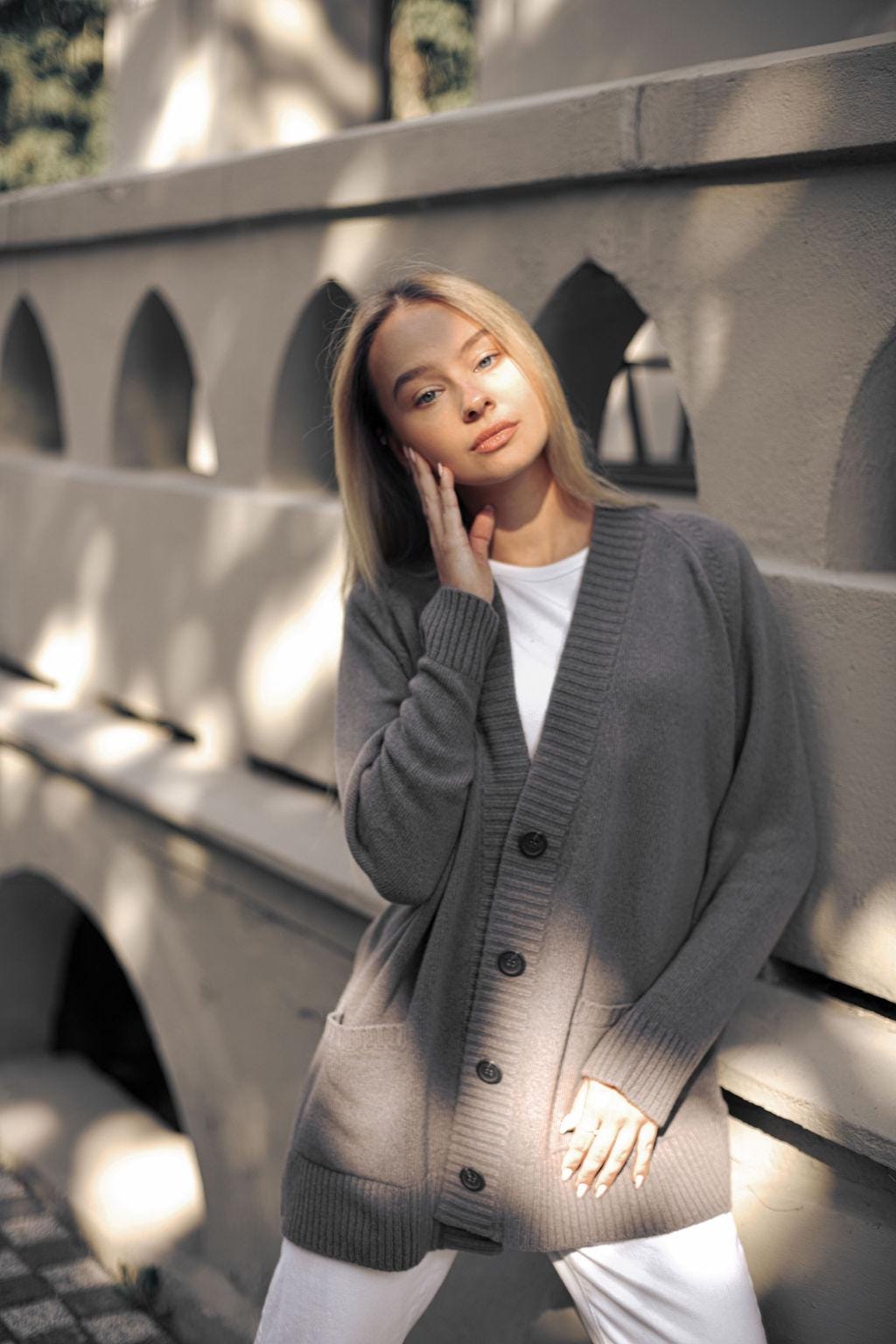 Gray knit cashmere blend buttoned cardigan with pockets, ash grey merino wool knitted oversized sweater with buttons,long xl gilet for women