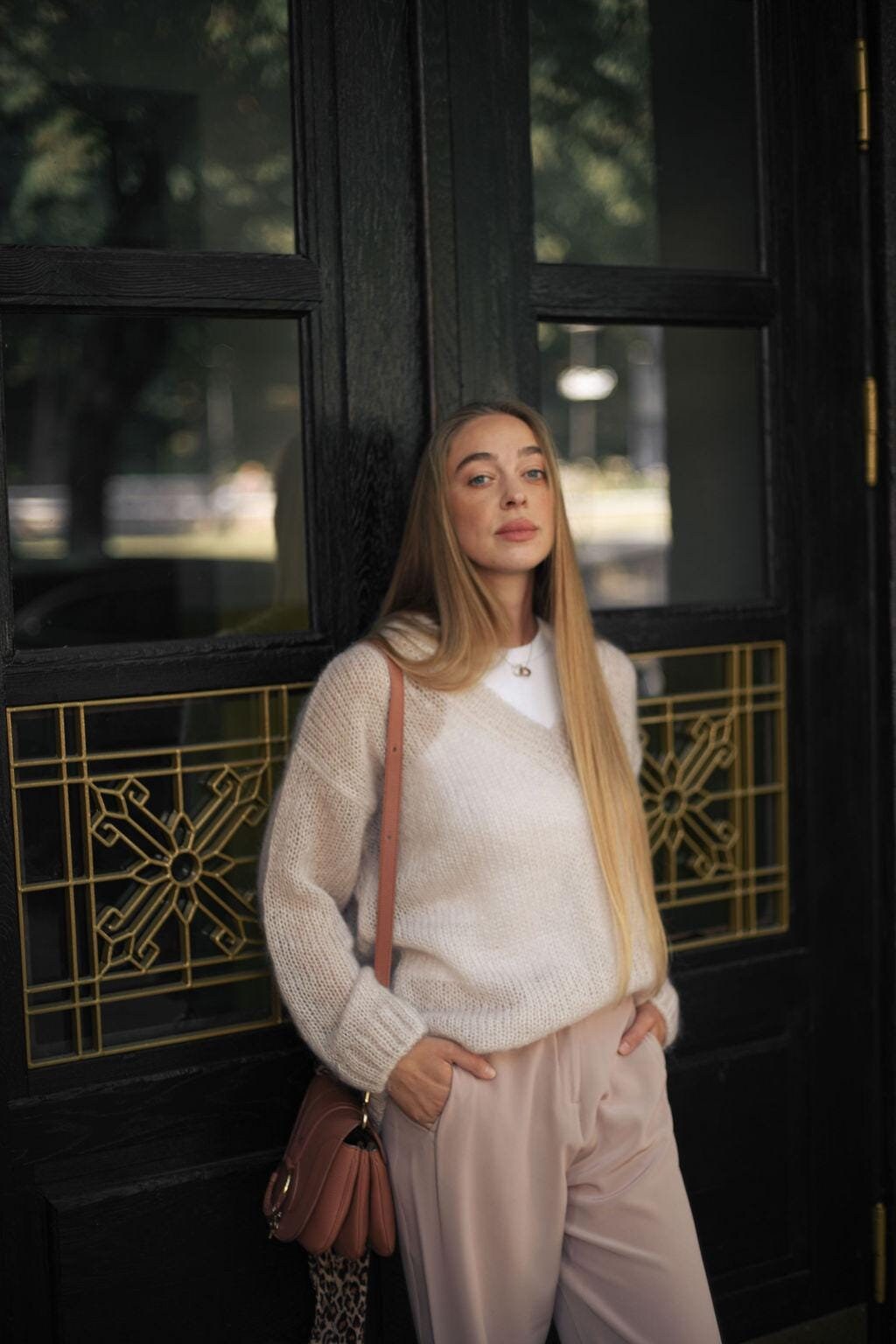 Pale light pink cable knit fluffy mohair wool women&#39;s sweater, powder misty pink chunky knitted thick oversized sweater, fall fuzzy jumper