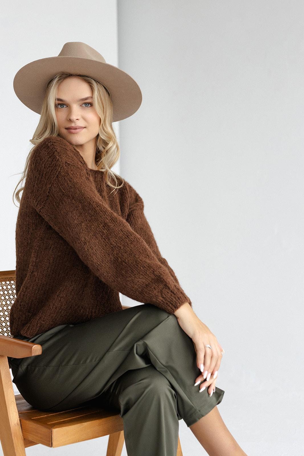 Brown cable knit alpaca wool and silk blend women&#39;s sweater, chocolate chunky knitted regular fit jumper for women, taupe hand-made pullover