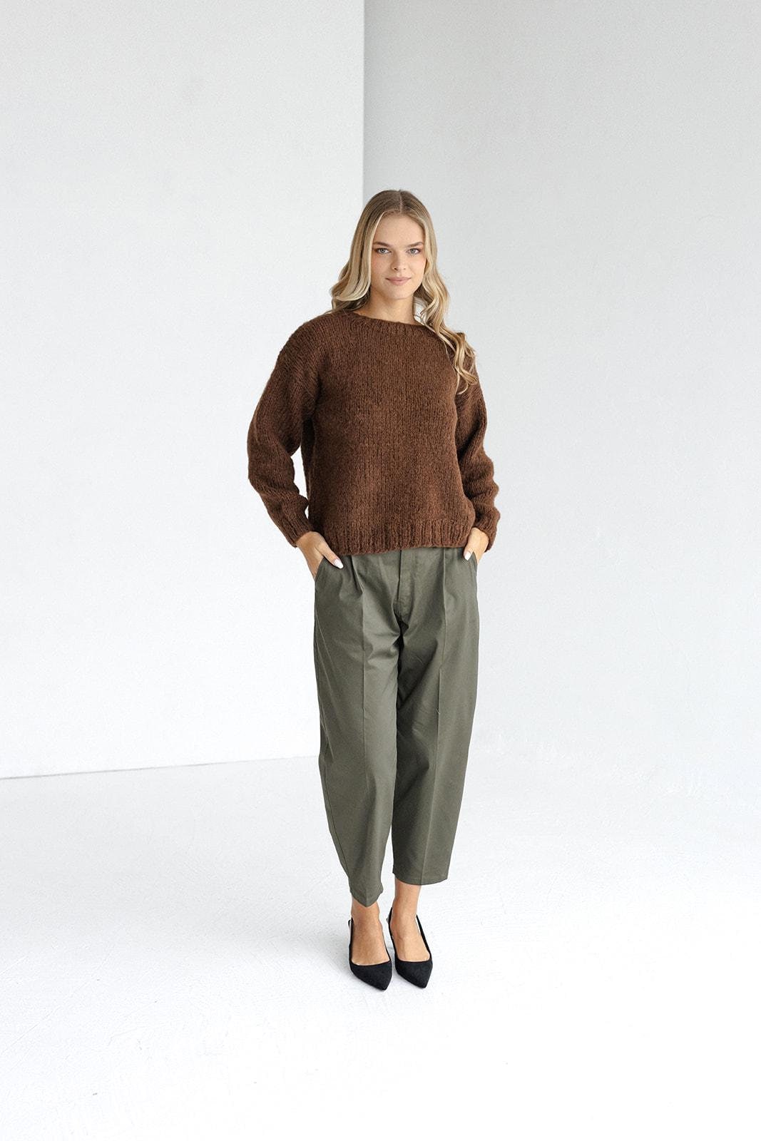 Brown cable knit alpaca wool and silk blend women&#39;s sweater, chocolate chunky knitted regular fit jumper for women, taupe hand-made pullover