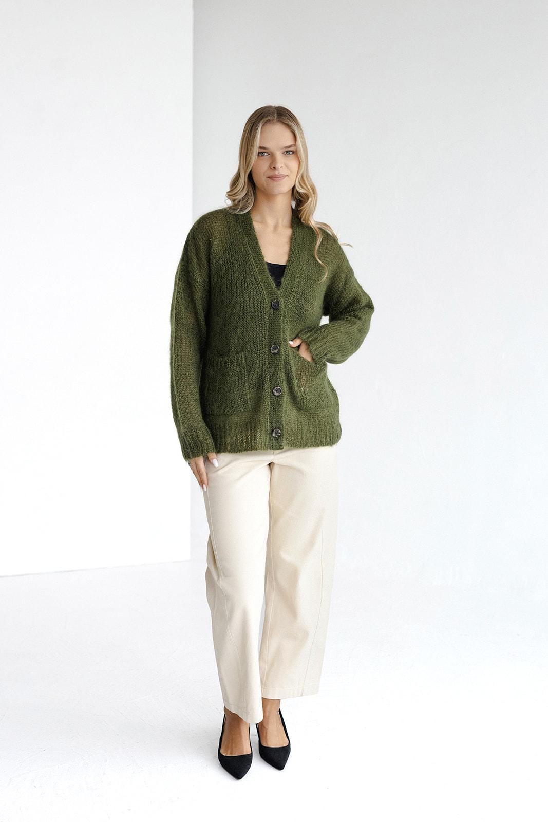 Green fluffy mohair cardigan with buttons and pockets