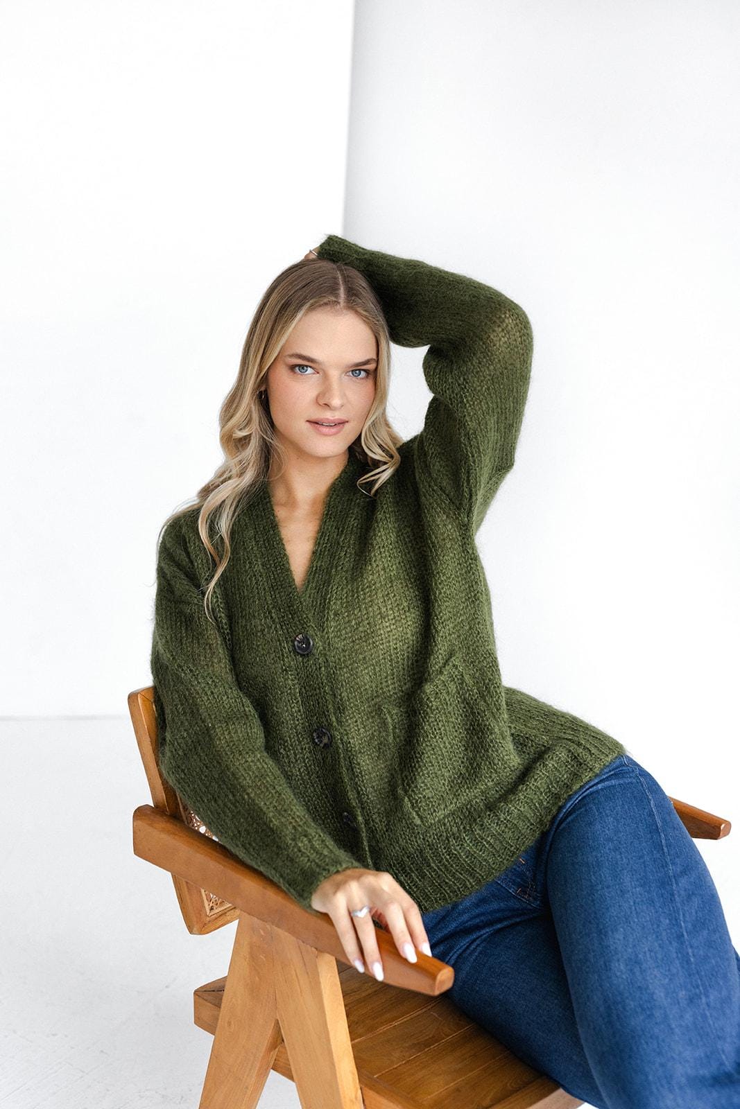Green fluffy mohair cardigan with buttons and pockets