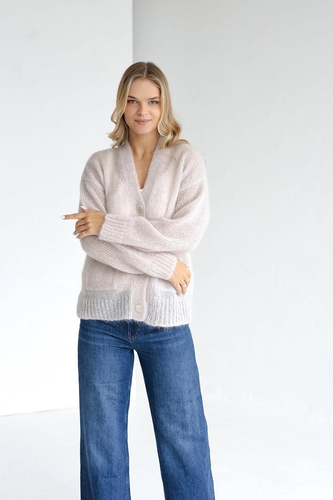 Green fluffy mohair cardigan with buttons and pockets