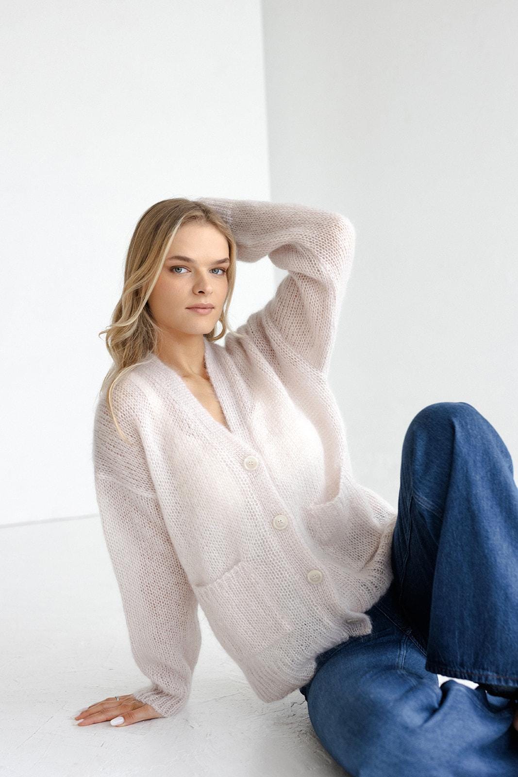 Fluffy Cable Knit Mohair Cardigan With Pockets And Buttons