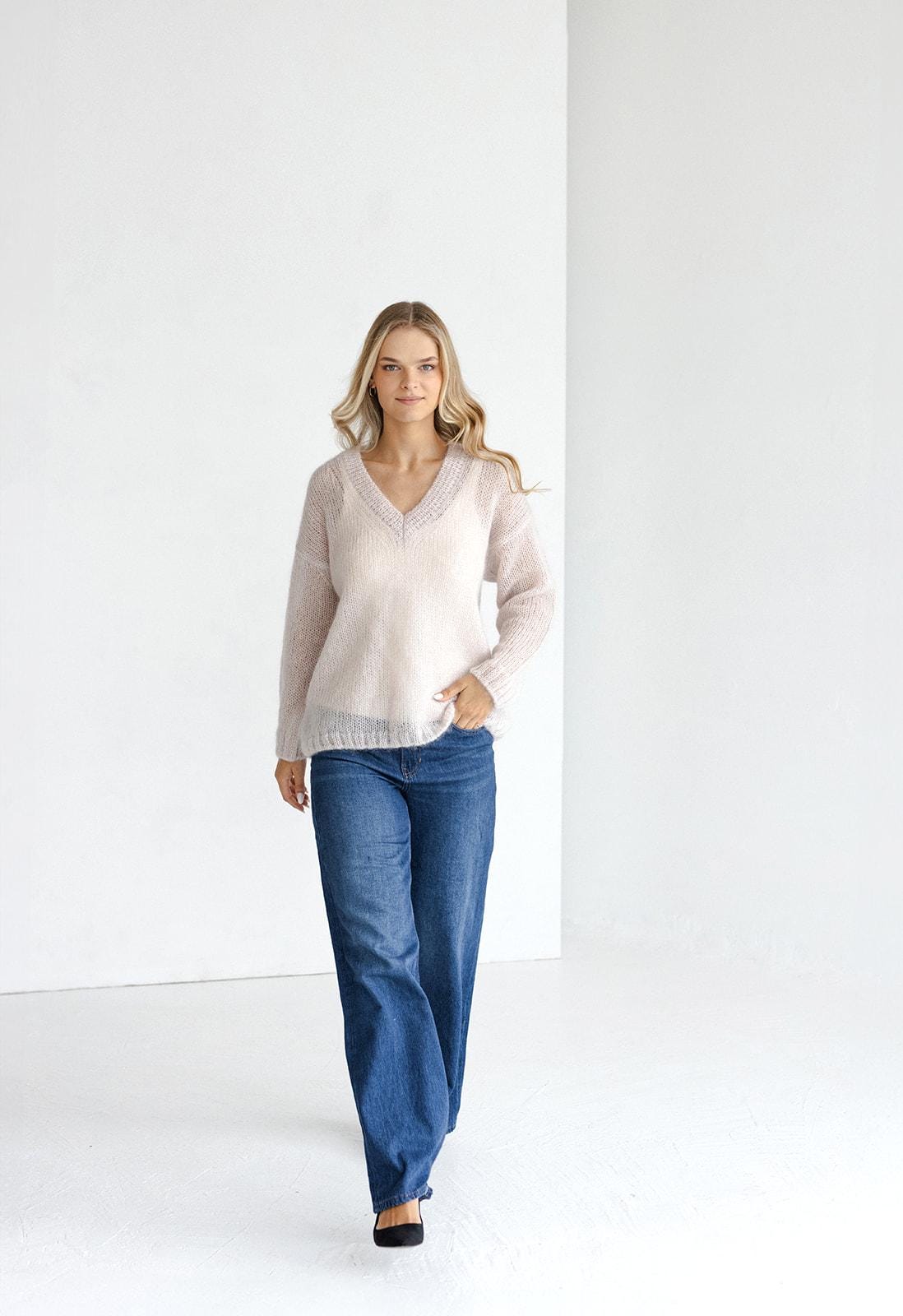 Pastel cable knit fluffy mohair wool and silk blend jumper, pale pink chunky knitted fall oversized pullover, fuzzy nude V-neck sweater pull