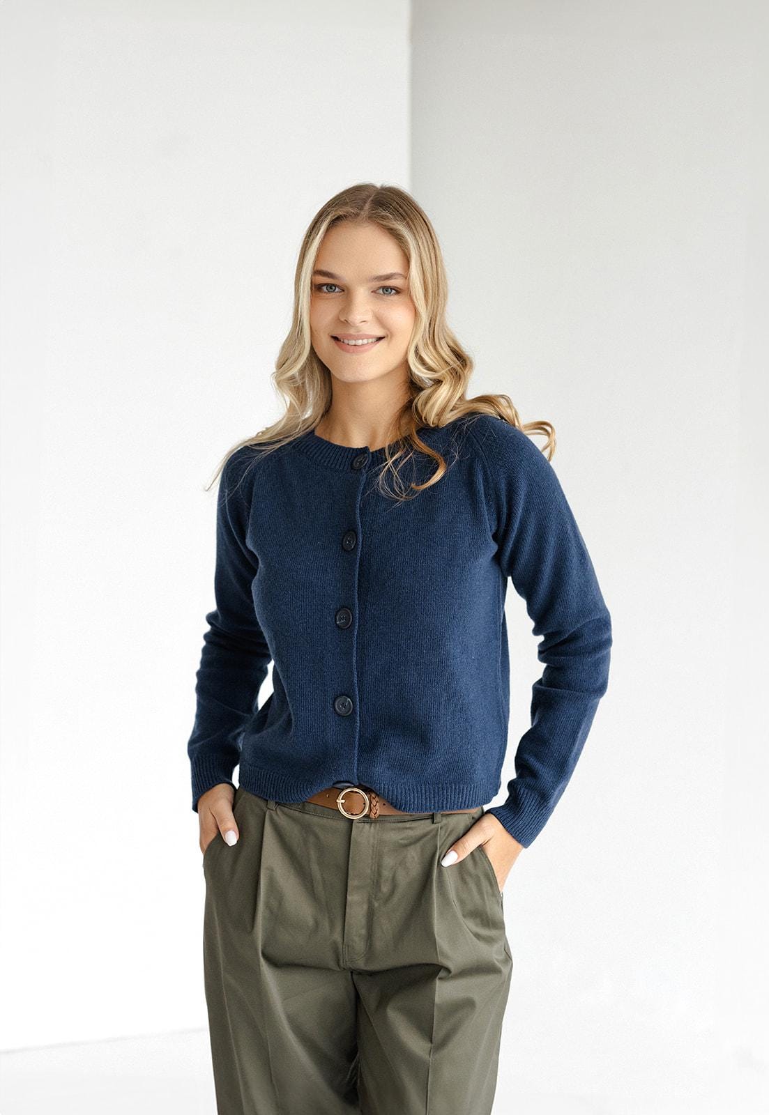 Crop navy blue knitted merino wool and cashmere cardigan with buttons for women, dark blue high waisted women&#39;s knit loose short sweater