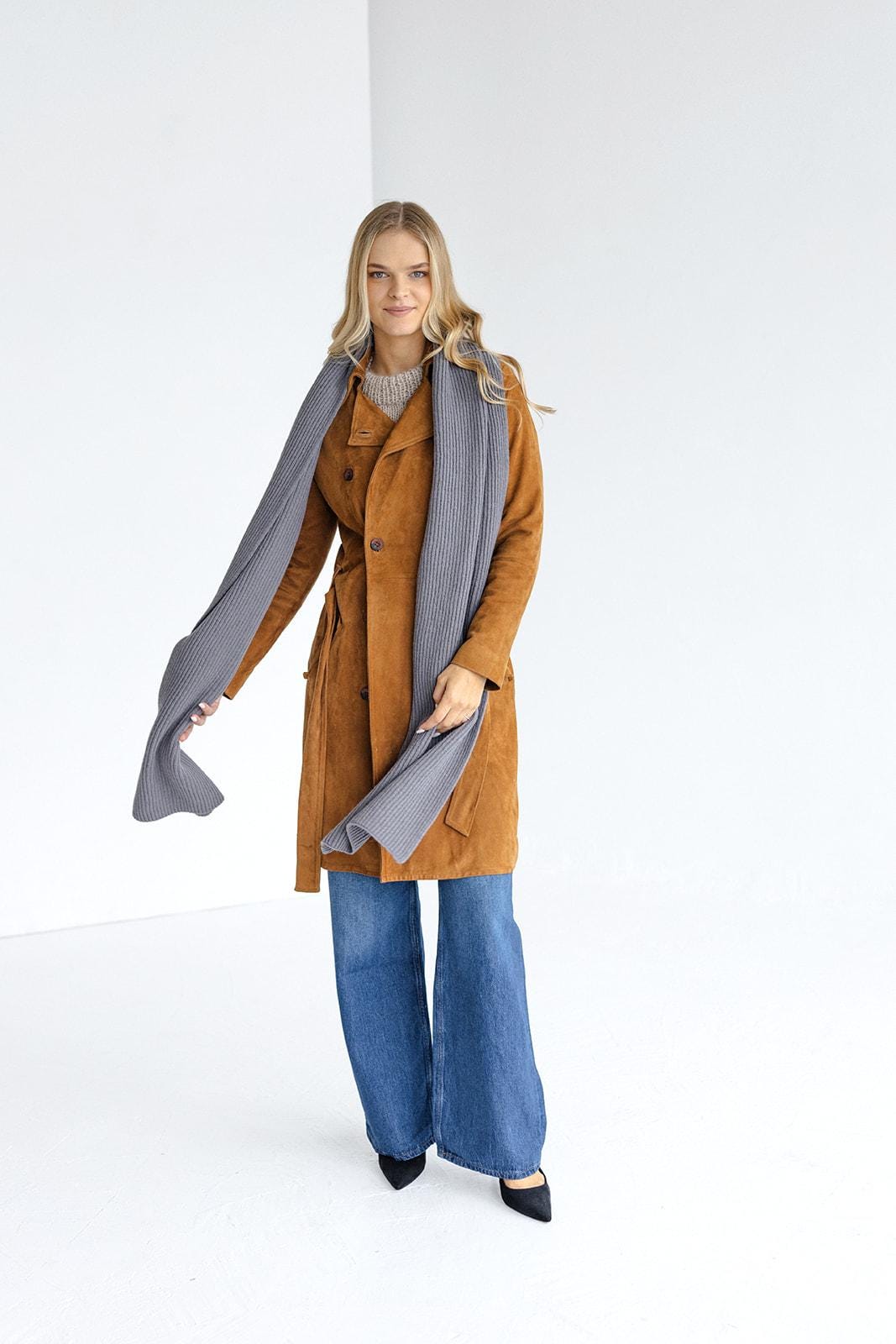 Gray knitted merino wool and cashmere women&#39;s scarf, ash grey ribbed knit minimalist fall winter wrap, dark gray classy unisex blanket scarf