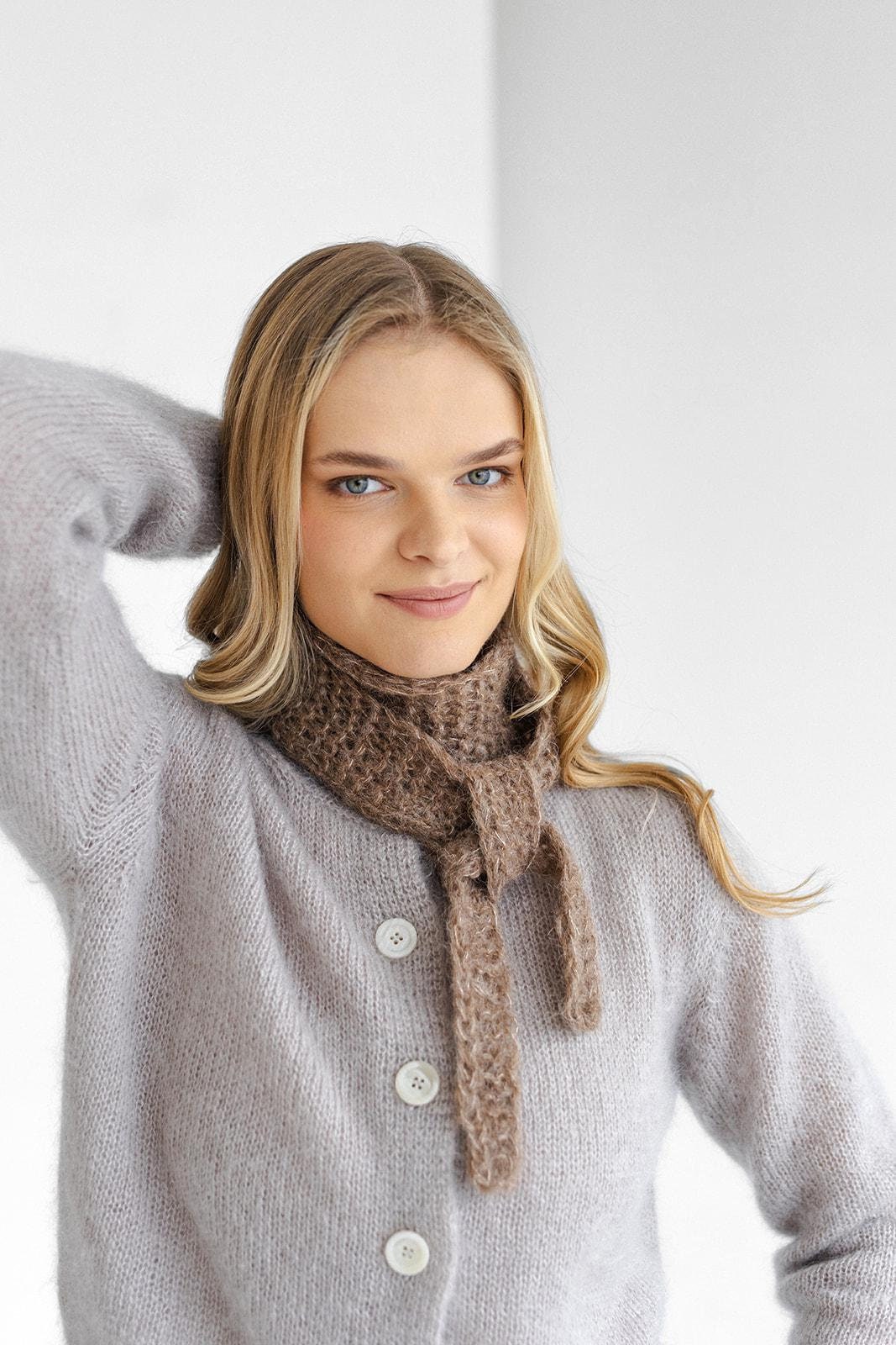Brown cable knit short alpaca scarf, camel handmade silk blend fall neck warmer, beige winter knitted scarves, taupe unisex accessories gift