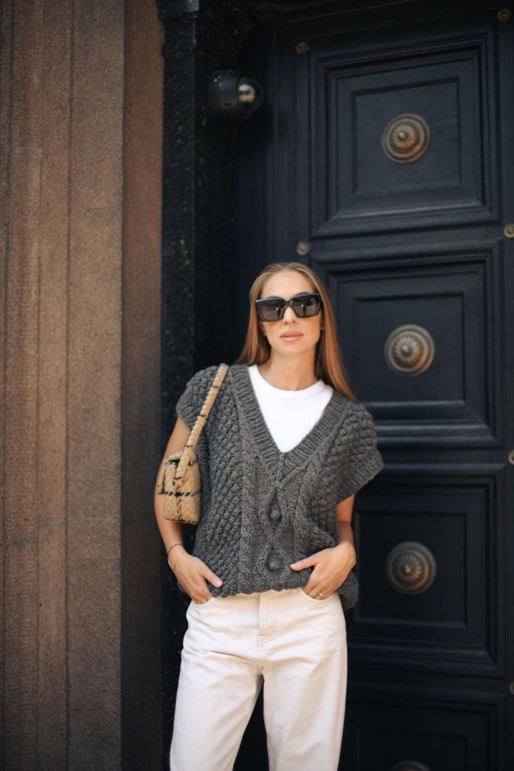 Chunky knit gray alpaca wool sweater vest, grey cable knitted v-neck winter gilet,thick handmade Fair Isle hand-made top pullover with braid